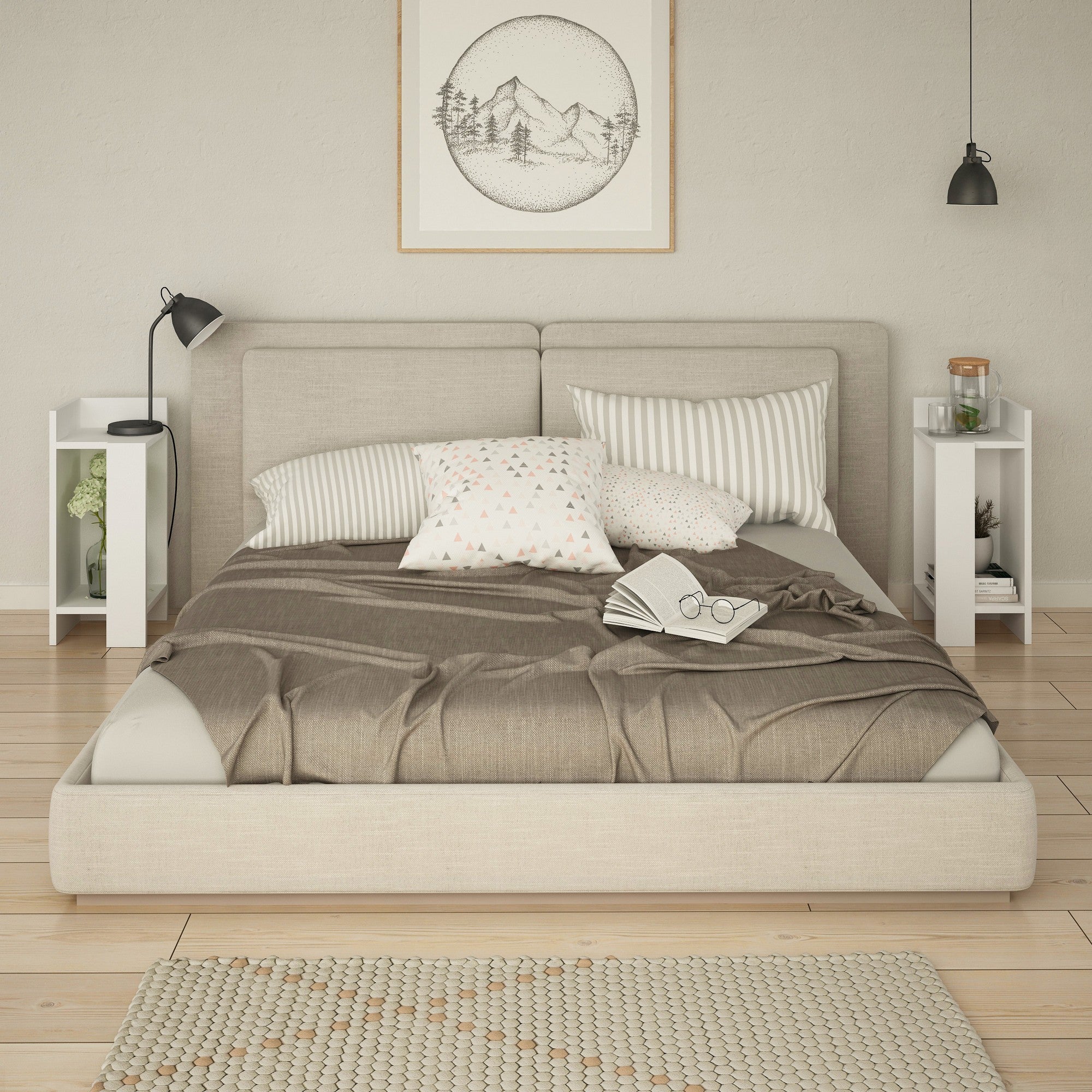 Mesa de Cabeceira Branca Moderna (2 Peças), 25 x 60 x 27 cm | Painel de Partículas 100% Revestido em Melamina, 18 mm de Espessura | Design Escandinavo, Elegante e Funcional