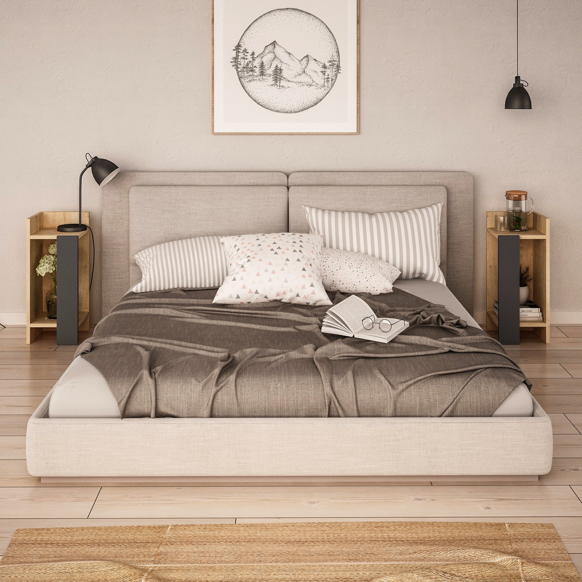 Mesa de Cabeceira Moderna (2 Peças), Carvalho e Antracite, 25 x 60 x 27 cm | Painel de Partículas 100% Revestido em Melamina, 18 mm de Espessura | Elegante e Funcional para Qualquer Quarto