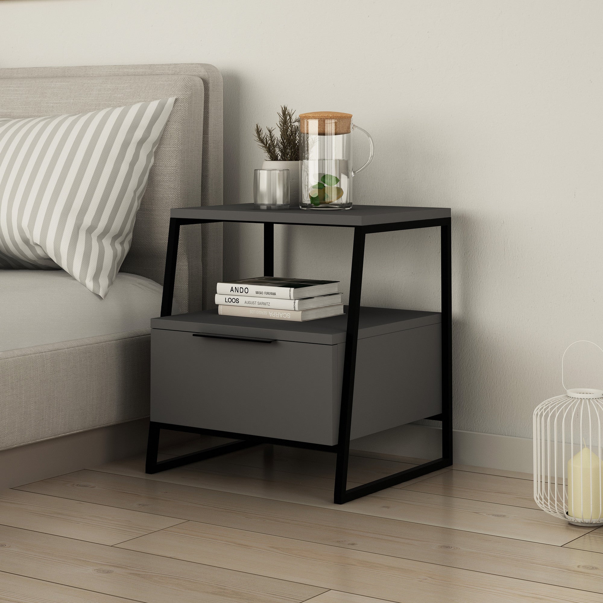 Mesa de Cabeceira Moderna em Antracite, 45 x 50 x 40 cm | Painel de Partículas 100% Revestido em Melamina, 18 mm de Espessura | Dobradiças com Fecho Suave, Ideal para Decoração Hoteleira e Industrial