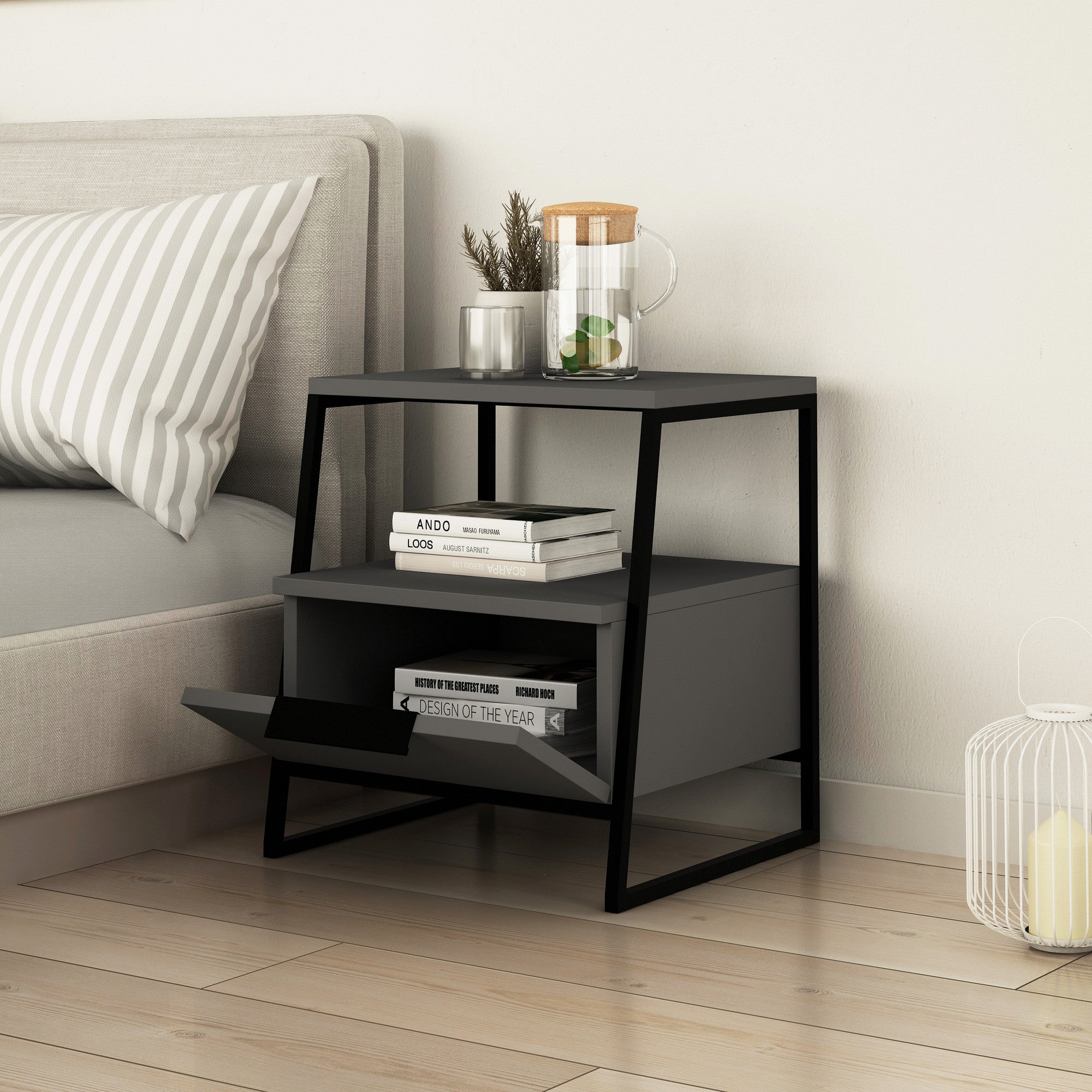 Mesa de Cabeceira Moderna em Antracite, 45 x 50 x 40 cm | Painel de Partículas 100% Revestido em Melamina, 18 mm de Espessura | Dobradiças com Fecho Suave, Ideal para Decoração Hoteleira e Industrial