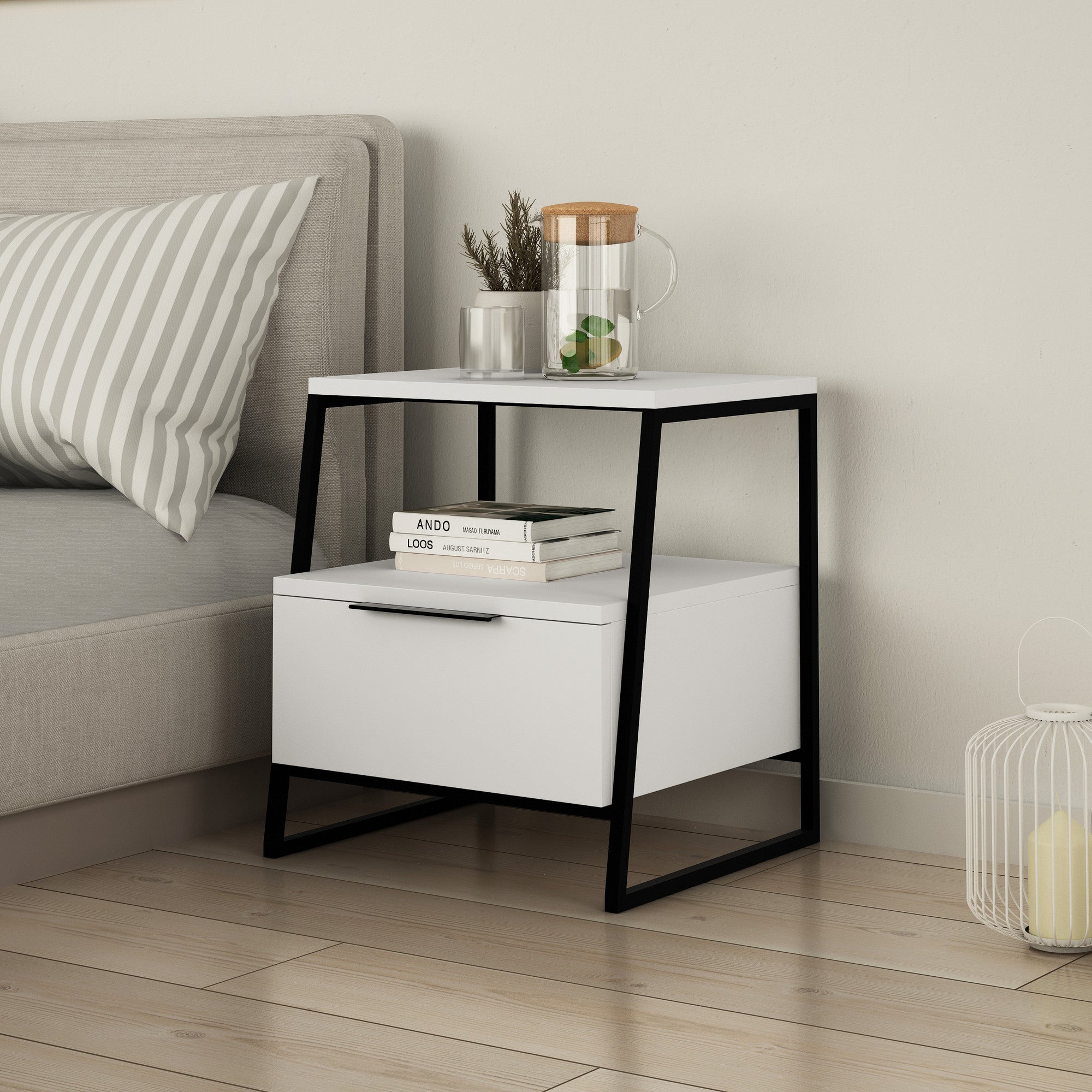 Mesa de Cabeceira Branca Moderna, 45 x 50 x 40 cm | Painel de Partículas 100% Revestido em Melamina, 18 mm de Espessura | Dobradiças com Fecho Suave, Design Escandinavo para Quartos Elegantes