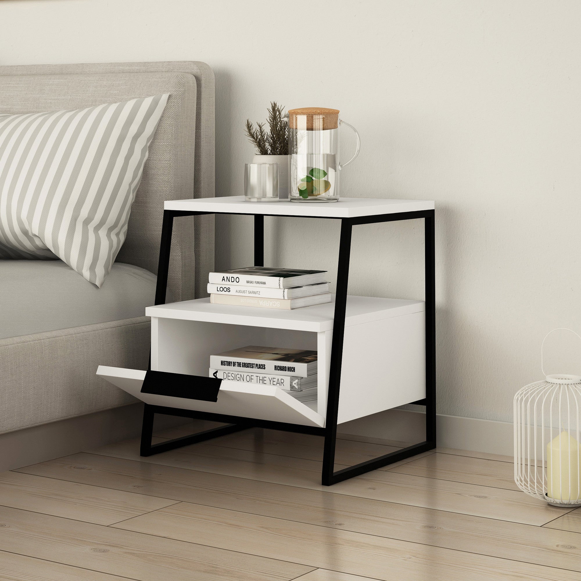 Mesa de Cabeceira Branca Moderna, 45 x 50 x 40 cm | Painel de Partículas 100% Revestido em Melamina, 18 mm de Espessura | Dobradiças com Fecho Suave, Design Escandinavo para Quartos Elegantes