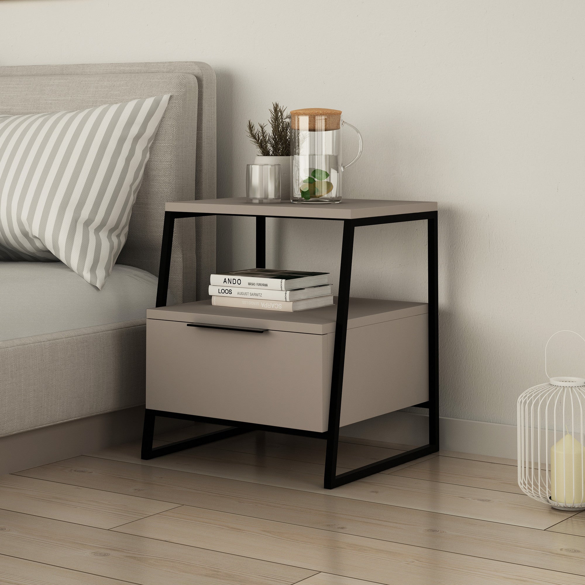 Mesa de Cabeceira Moderna, Cor Mocha Claro, 45 x 50 x 40 cm | Painel de Partículas 100% Revestido em Melamina, 18 mm de Espessura | Dobradiças com Fecho Suave, Design Elegante e Funcional