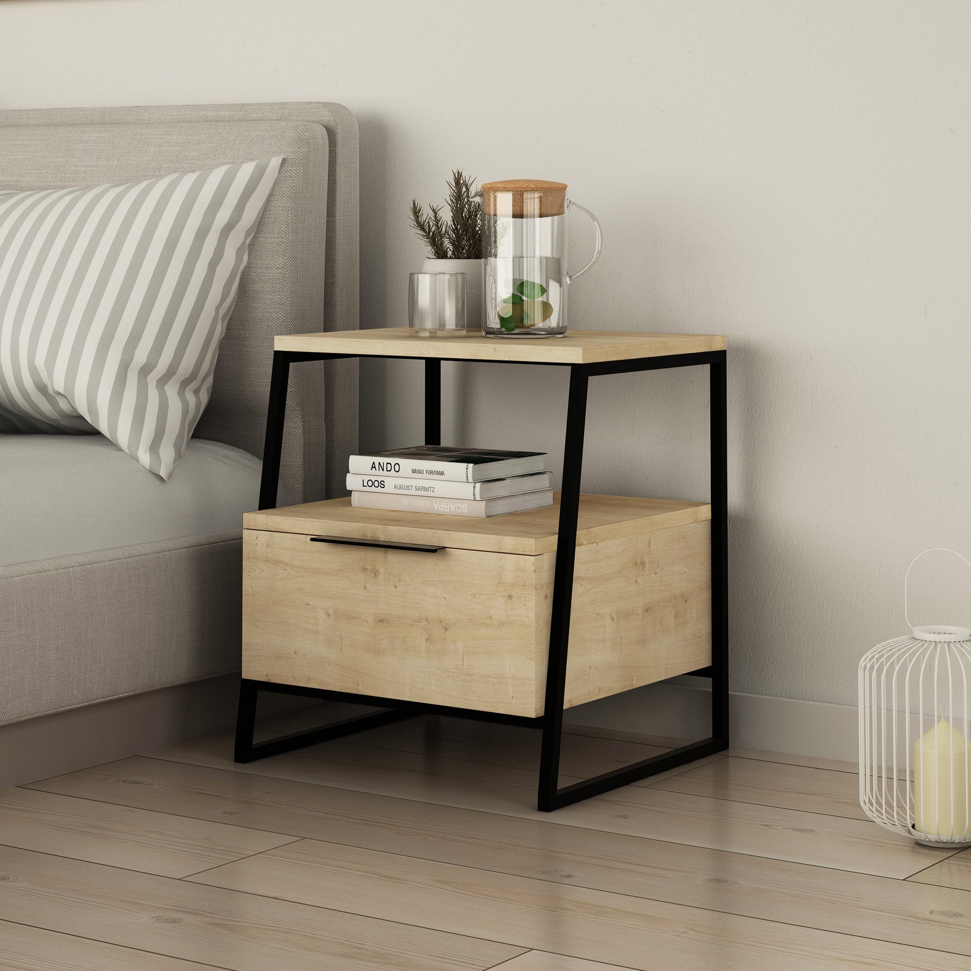 Mesa de Cabeceira Moderna em Carvalho, 45 x 50 x 40 cm | Painel de Partículas 100% Revestido em Melamina, 18 mm de Espessura | Dobradiças com Fecho Suave, Elegante e Funcional para Qualquer Espaço