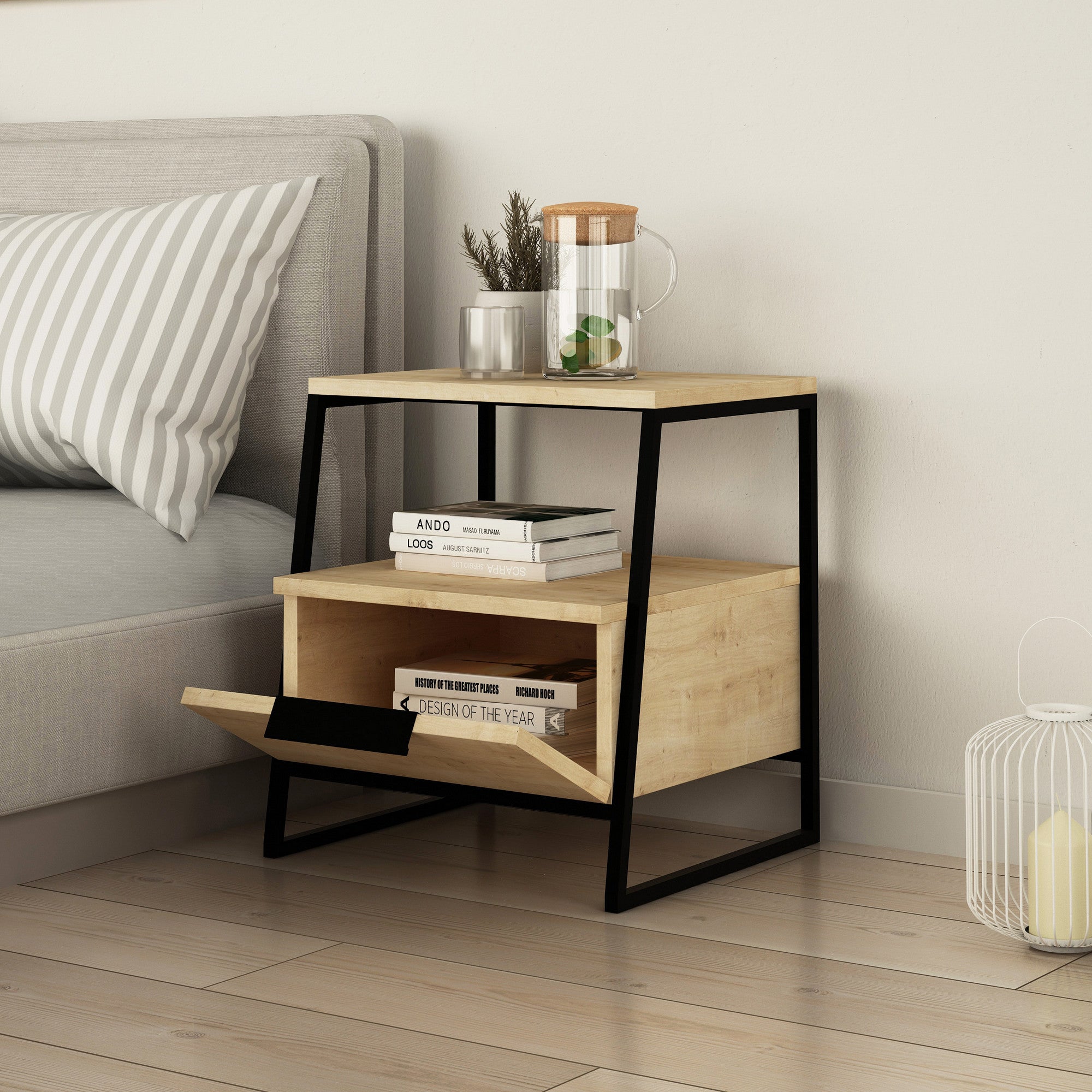 Mesa de Cabeceira Moderna em Carvalho, 45 x 50 x 40 cm | Painel de Partículas 100% Revestido em Melamina, 18 mm de Espessura | Dobradiças com Fecho Suave, Elegante e Funcional para Qualquer Espaço