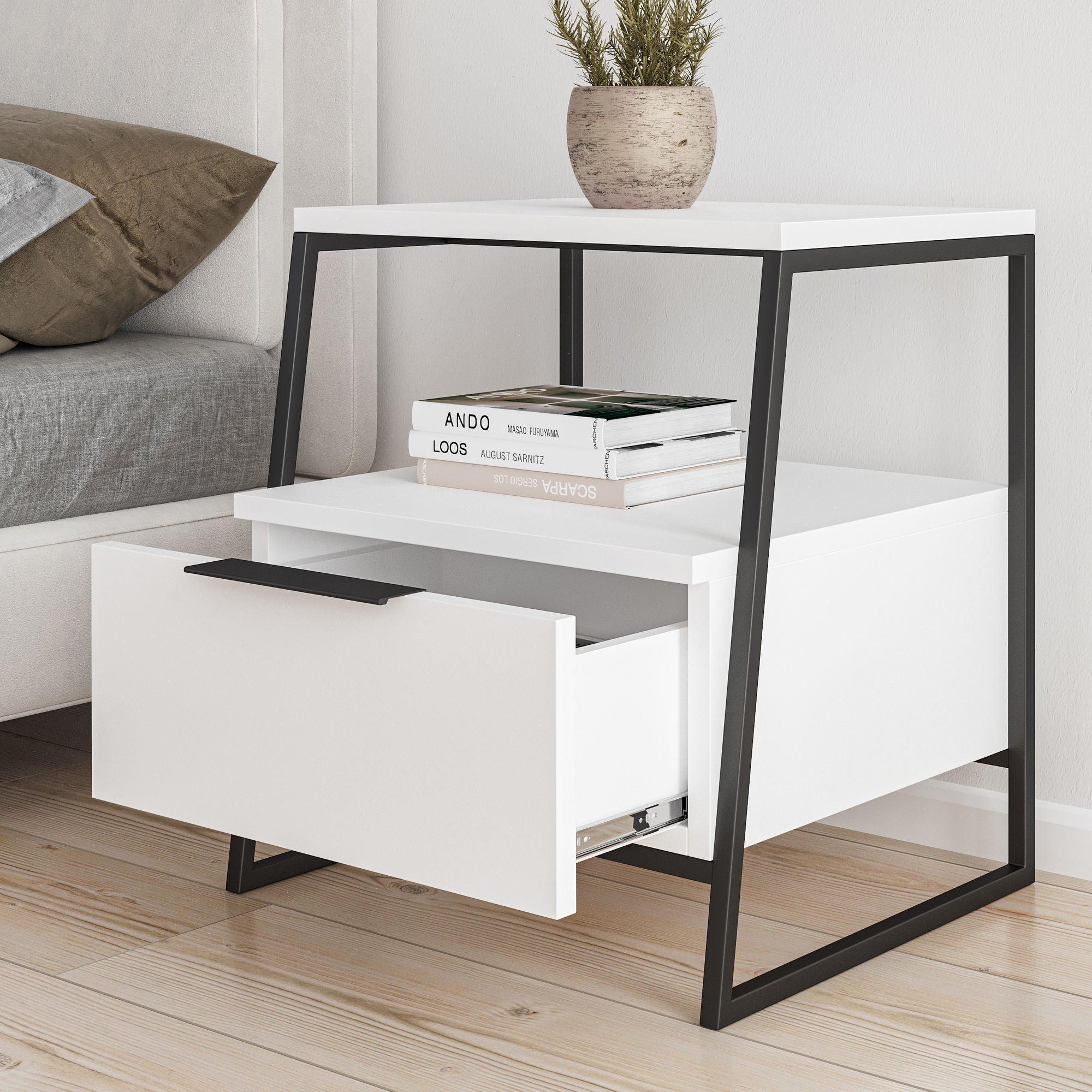 Mesa de Cabeceira Moderna com Estrutura de Metal, Branca e Preta, 45 x 50 x 41 cm | Painel de Partículas 100% Revestido com Melamina, 18 mm de Espessura | Elegante e Funcional para Casa e Hotel