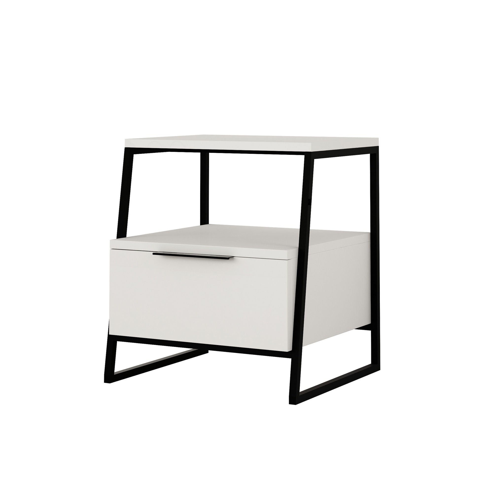 Mesa de Cabeceira Moderna com Estrutura de Metal, Branca e Preta, 45 x 50 x 41 cm | Painel de Partículas 100% Revestido com Melamina, 18 mm de Espessura | Elegante e Funcional para Casa e Hotel