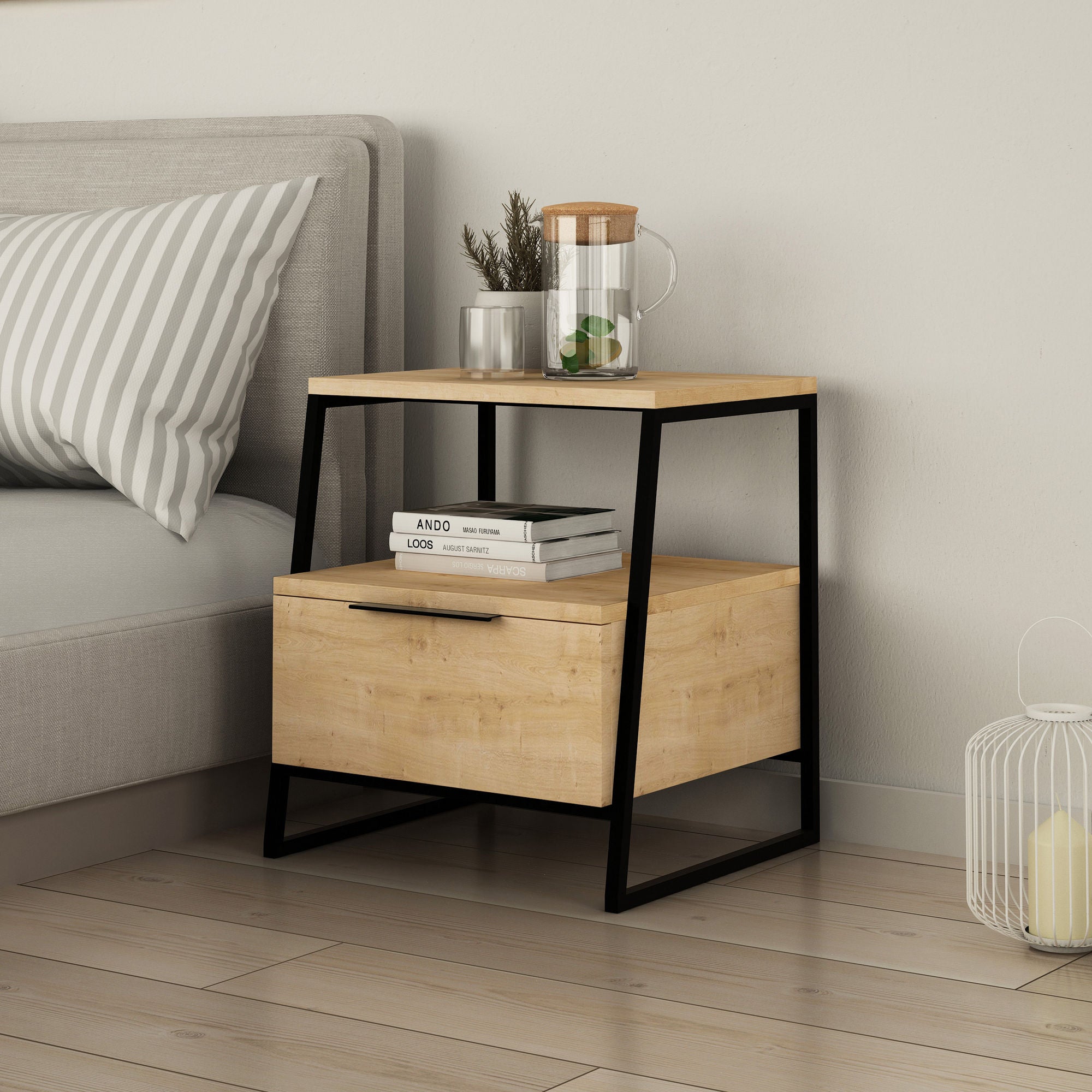 Mesa de Cabeceira Moderna com Estrutura de Metal, Carvalho e Preto, 45 x 50 x 41 cm | Painel de Partículas 100% Revestido em Melamina, 18 mm de Espessura | Elegante e Funcional para Qualquer Quarto