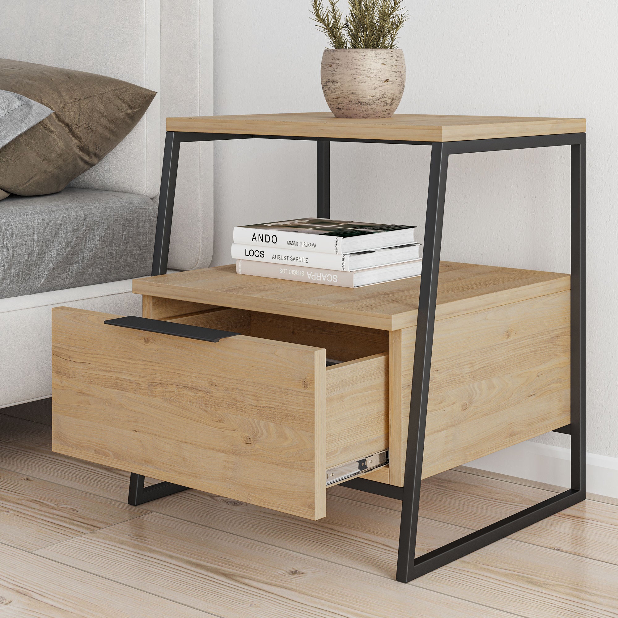 Mesa de Cabeceira Moderna com Estrutura de Metal, Carvalho e Preto, 45 x 50 x 41 cm | Painel de Partículas 100% Revestido em Melamina, 18 mm de Espessura | Elegante e Funcional para Qualquer Quarto