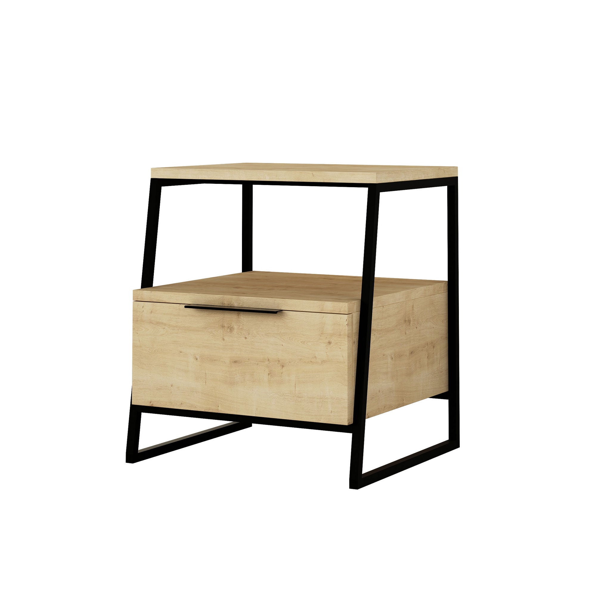 Mesa de Cabeceira Moderna com Estrutura de Metal, Carvalho e Preto, 45 x 50 x 41 cm | Painel de Partículas 100% Revestido em Melamina, 18 mm de Espessura | Elegante e Funcional para Qualquer Quarto