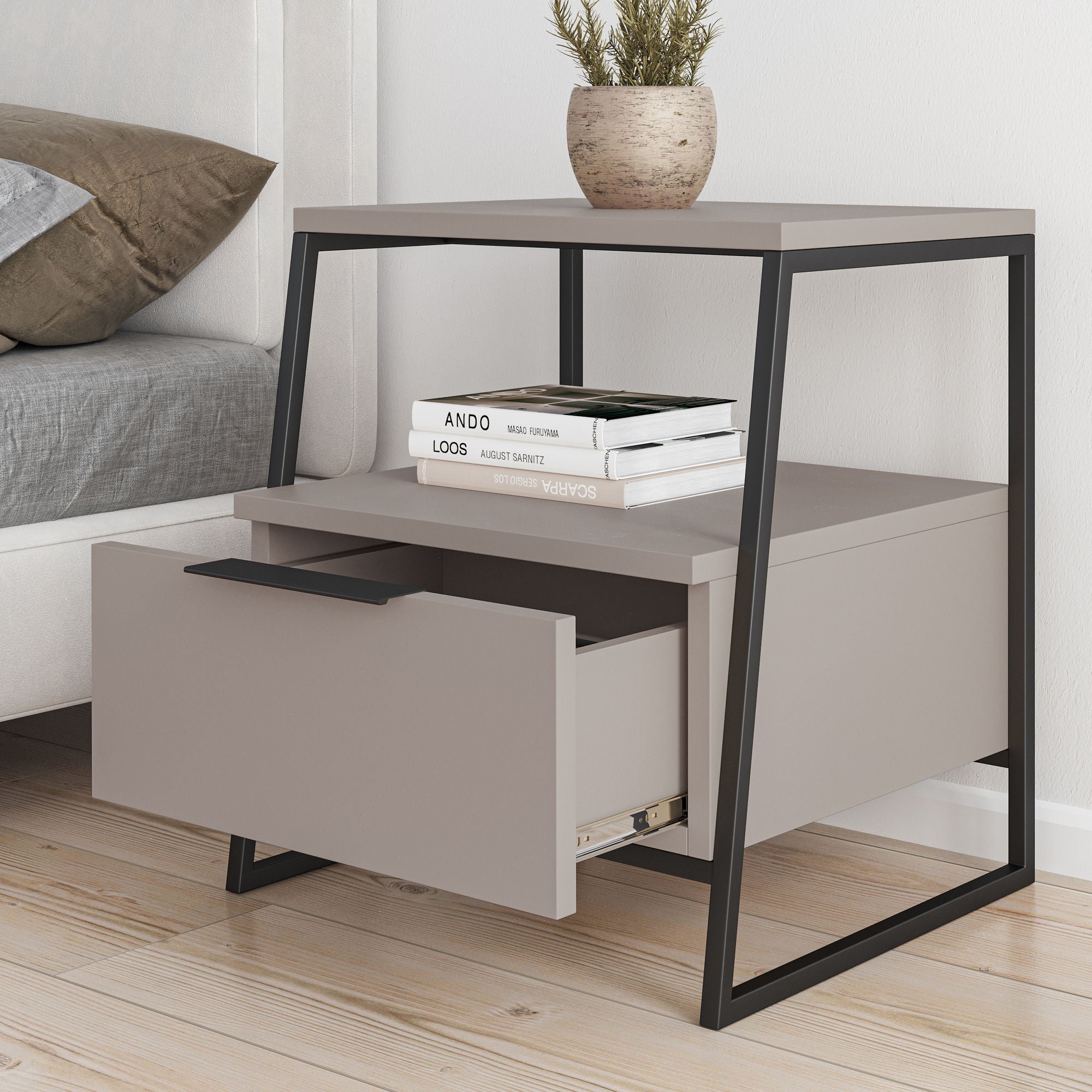 Mesa de Cabeceira Moderna, Mocha Claro e Preto, 45 x 50 x 41 cm | Painel de Partículas 100% Revestido em Melamina, 18 mm de Espessura, Estrutura de Metal | Elegante e Funcional para Qualquer Quarto