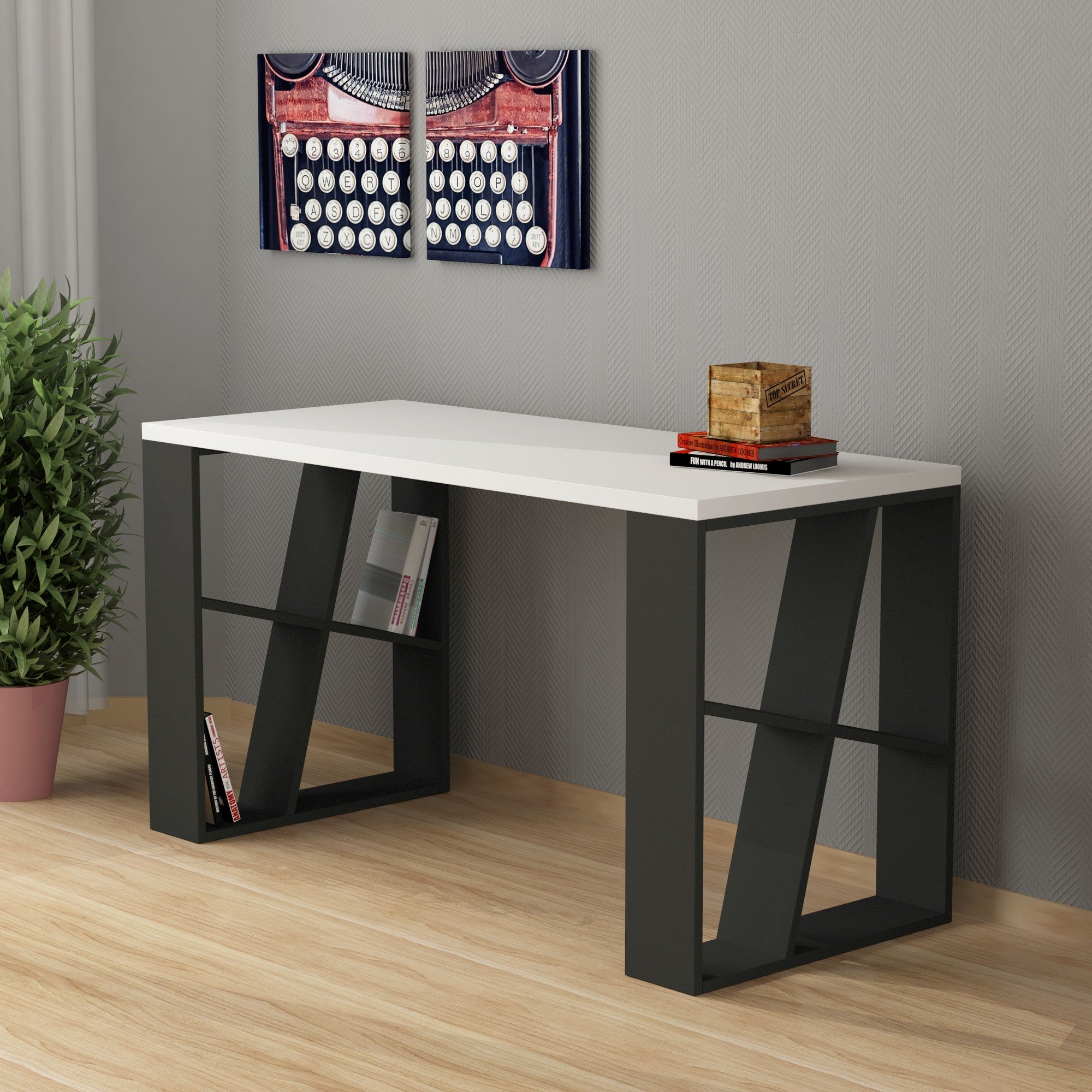 Secretária de Estudo Moderna – 140 x 75 x 60 cm – Branca e Antracite – Painel de Partículas revestido em Melamina