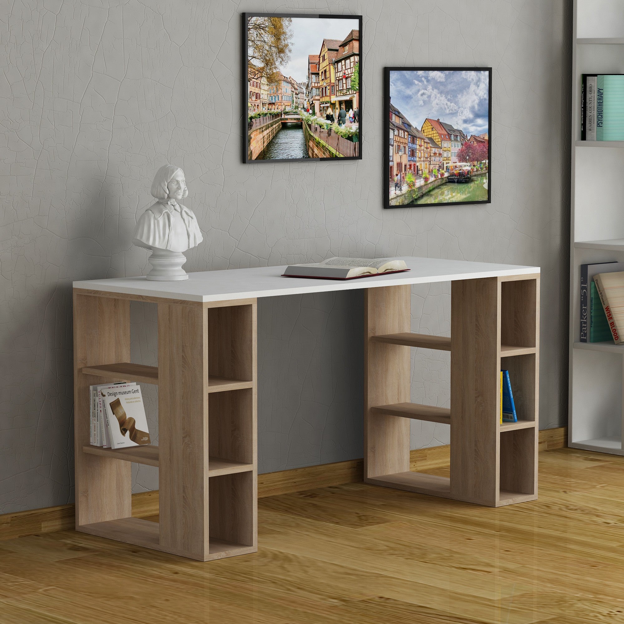 Secretária de Estudo Moderna – 140 x 75 x 60 cm – Branco e Carvalho – Painel de Partículas Revestido a Melamina