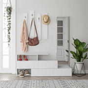 Suporte de hall moderno com espelho e cabideiro, branco, 137 x 54,5 x 35 cm | 100% revestido em melamina, dobradiças de fechamento suave, montagem na parede, elegante e funcional