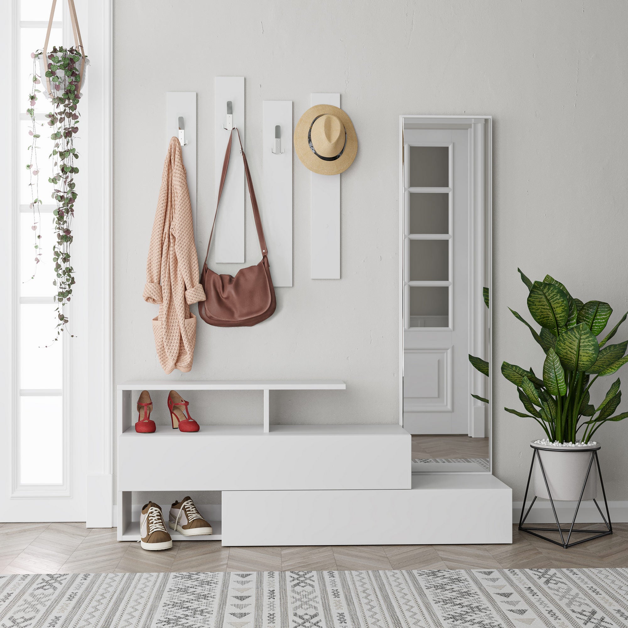 Suporte de hall moderno com espelho e cabideiro, branco, 137 x 54,5 x 35 cm | 100% revestido em melamina, dobradiças de fechamento suave, montagem na parede, elegante e funcional