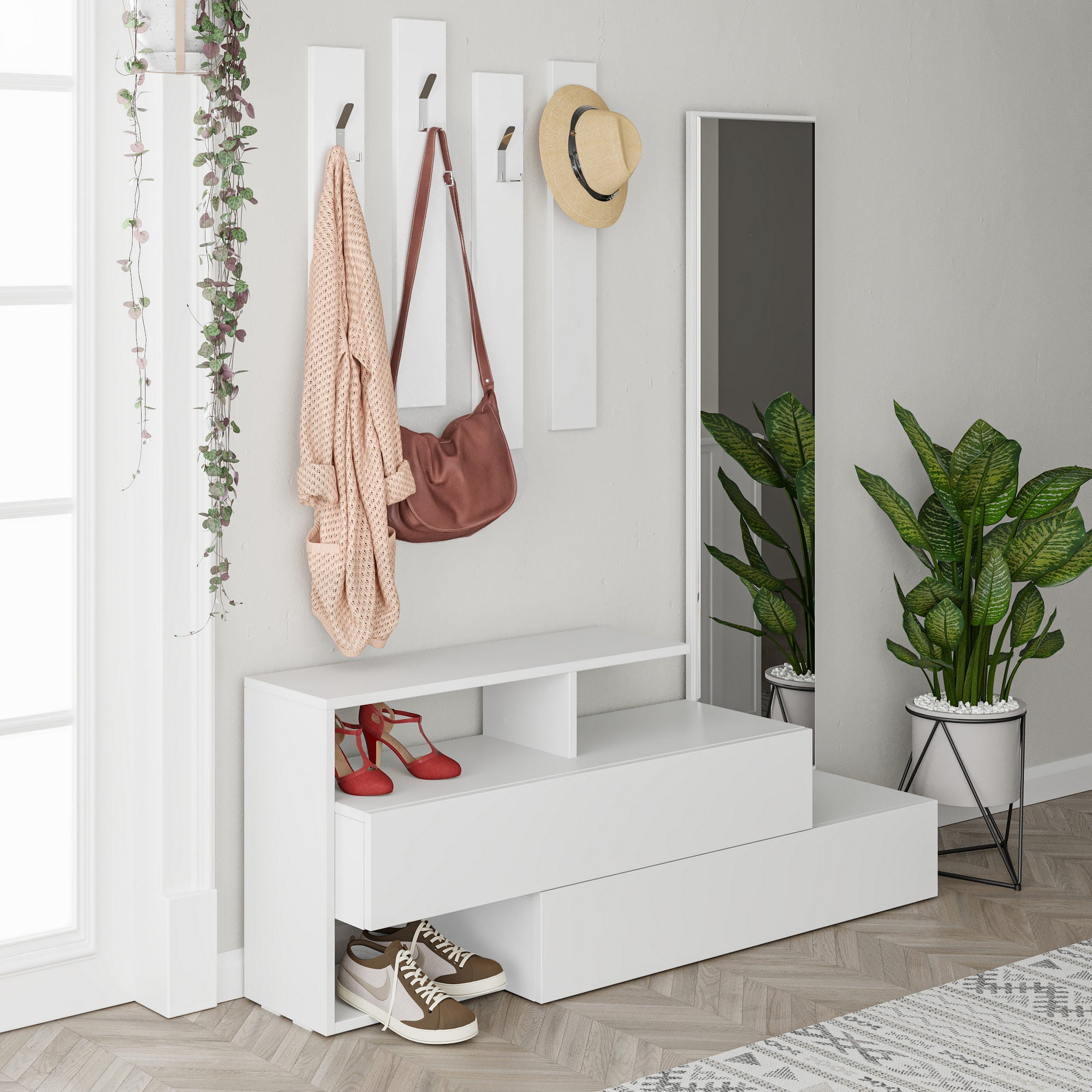 Suporte de hall moderno com espelho e cabideiro, branco, 137 x 54,5 x 35 cm | 100% revestido em melamina, dobradiças de fechamento suave, montagem na parede, elegante e funcional
