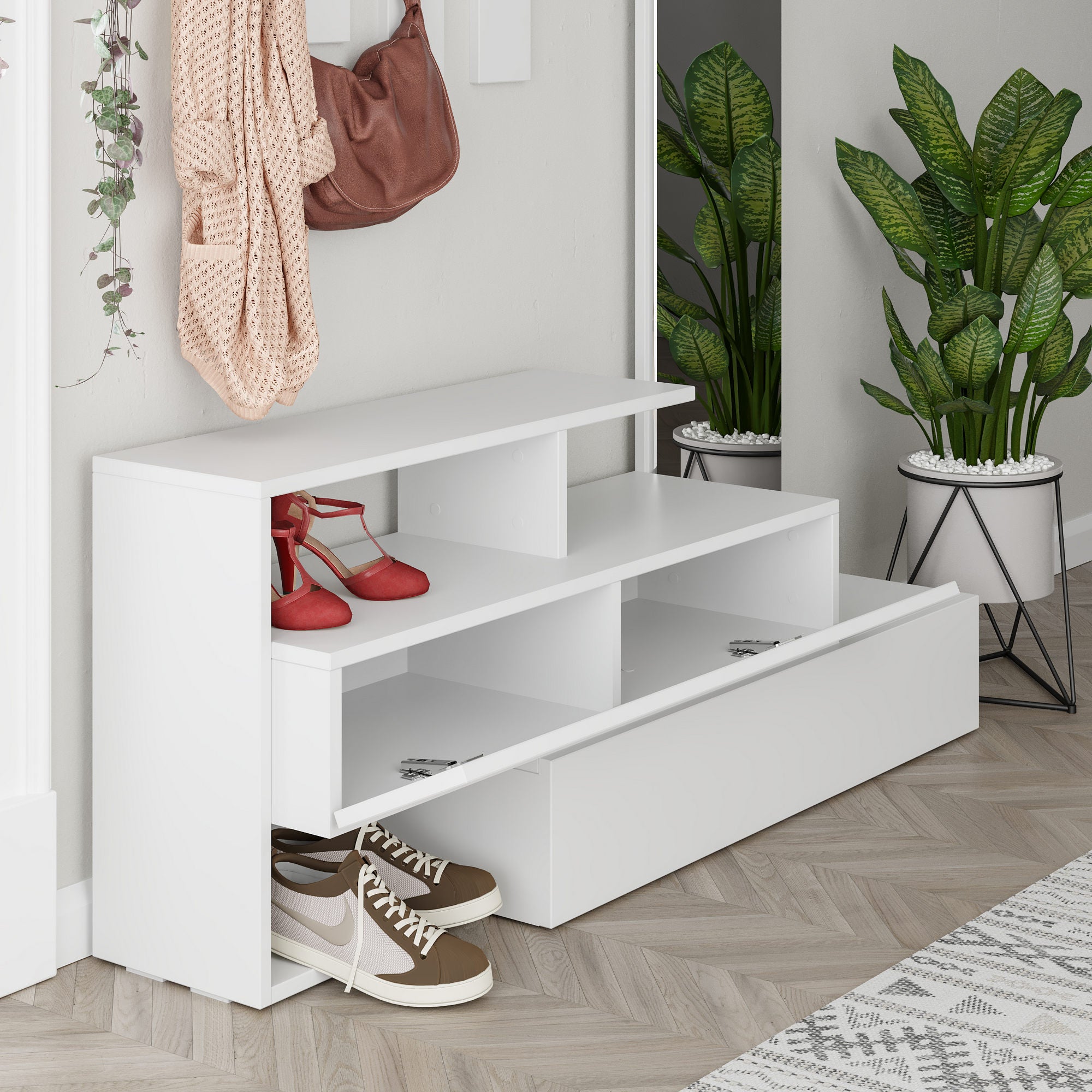 Suporte de hall moderno com espelho e cabideiro, branco, 137 x 54,5 x 35 cm | 100% revestido em melamina, dobradiças de fechamento suave, montagem na parede, elegante e funcional