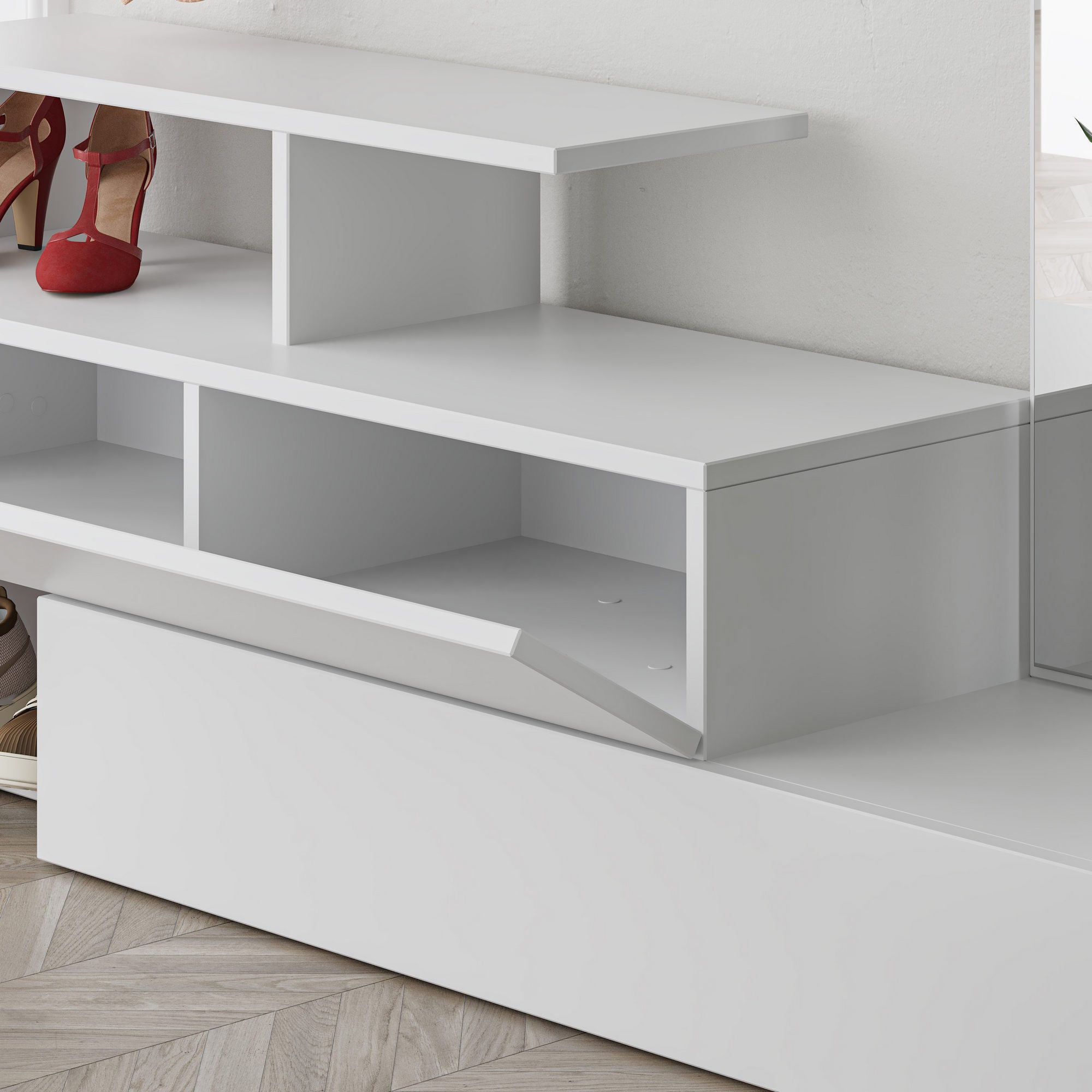 Suporte de hall moderno com espelho e cabideiro, branco, 137 x 54,5 x 35 cm | 100% revestido em melamina, dobradiças de fechamento suave, montagem na parede, elegante e funcional