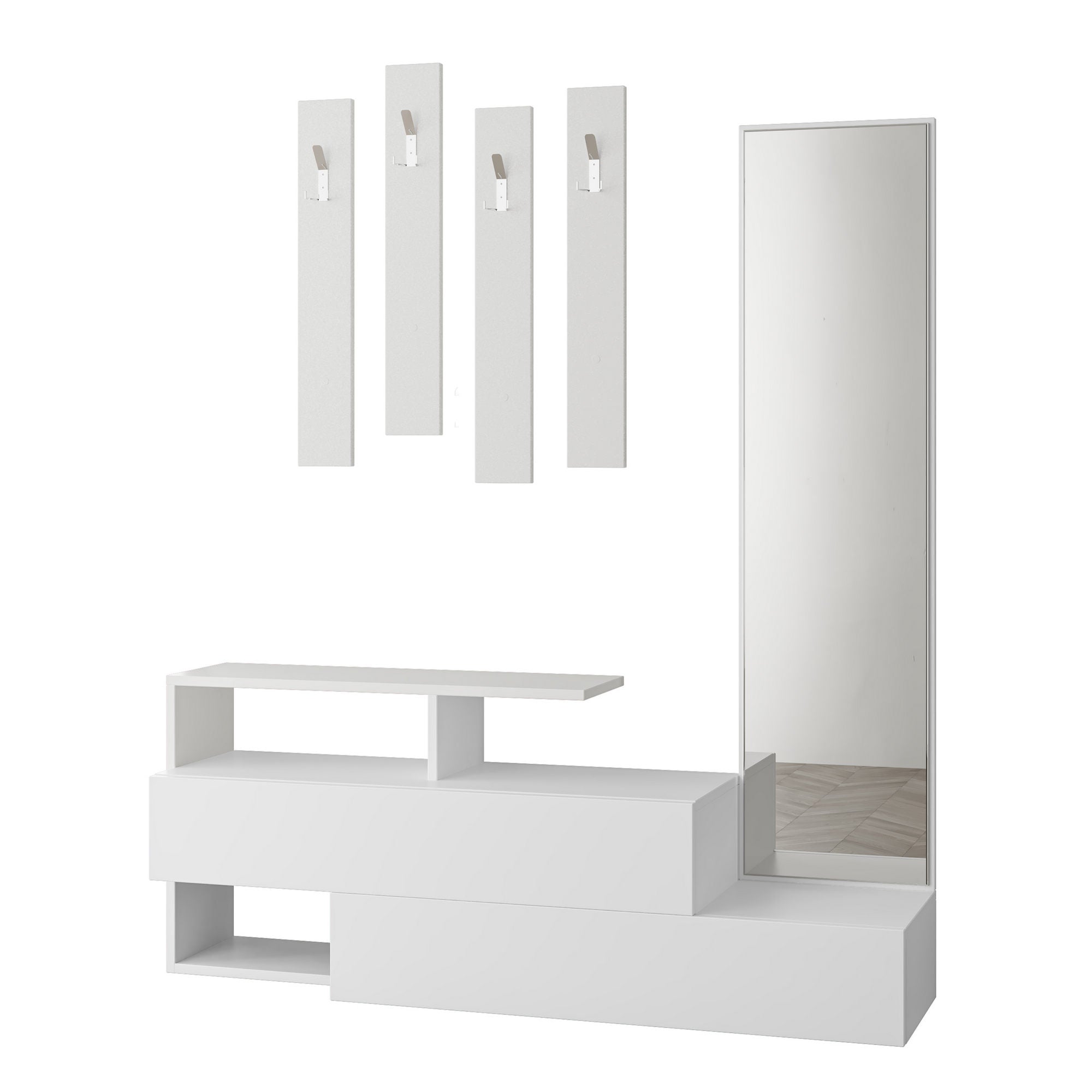 Suporte de hall moderno com espelho e cabideiro, branco, 137 x 54,5 x 35 cm | 100% revestido em melamina, dobradiças de fechamento suave, montagem na parede, elegante e funcional
