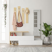 Elegante aparador de hall com espelho e cabideiro, branco e carvalho, 137 x 54,5 x 35 cm | 100% revestido em melamina, dobradiças de fechamento suave, montagem na parede, design tradicional