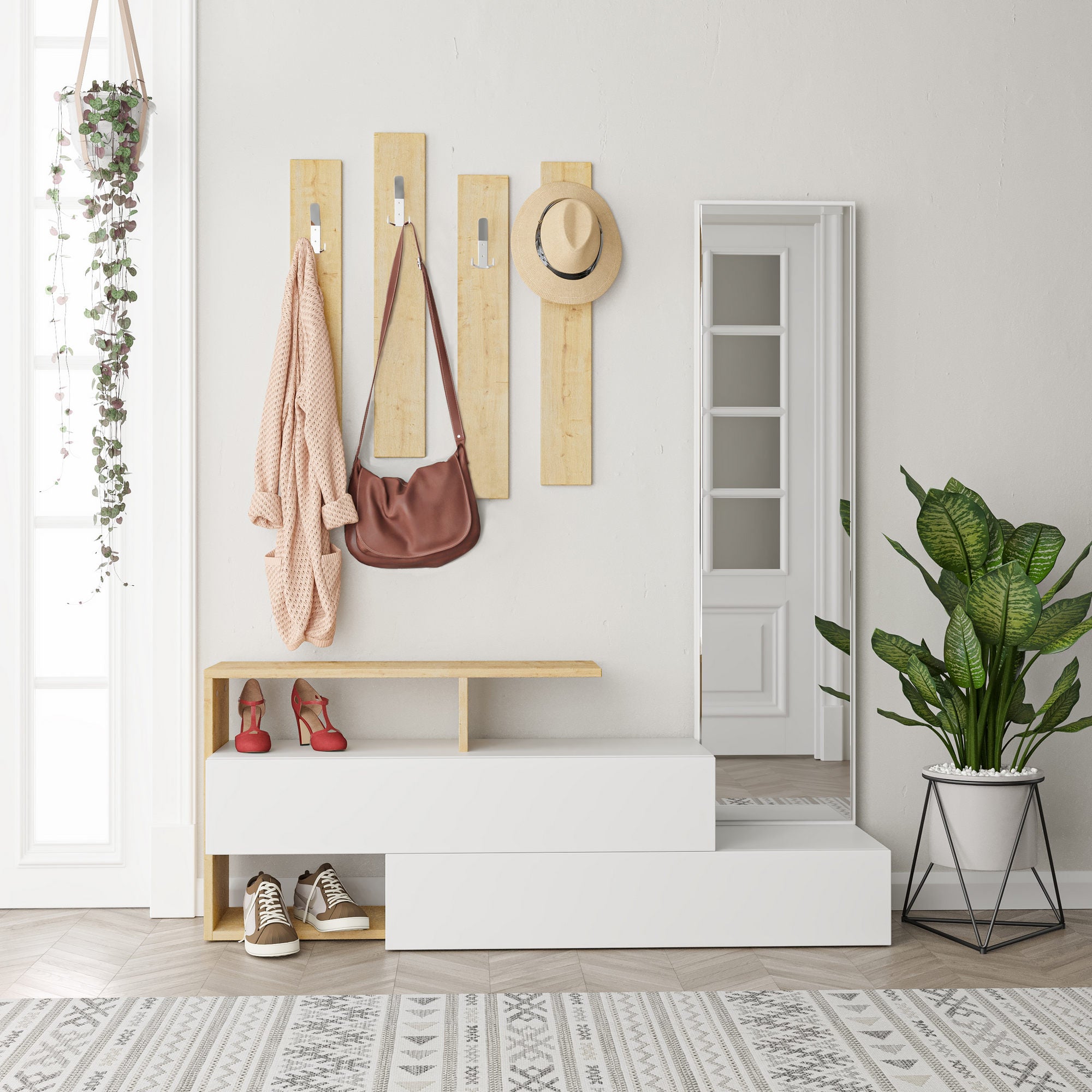 Elegante aparador de hall com espelho e cabideiro, branco e carvalho, 137 x 54,5 x 35 cm | 100% revestido em melamina, dobradiças de fechamento suave, montagem na parede, design tradicional