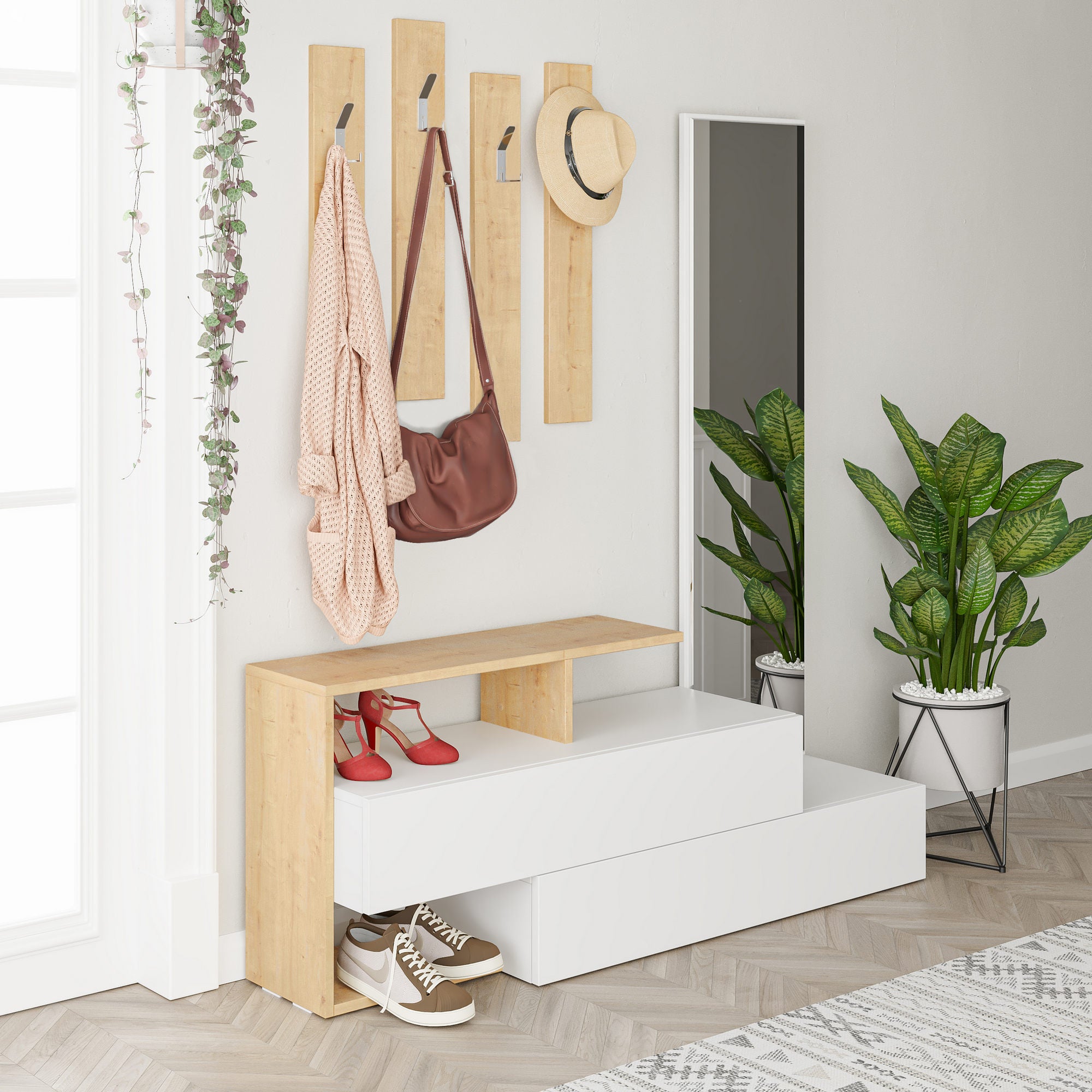Elegante aparador de hall com espelho e cabideiro, branco e carvalho, 137 x 54,5 x 35 cm | 100% revestido em melamina, dobradiças de fechamento suave, montagem na parede, design tradicional
