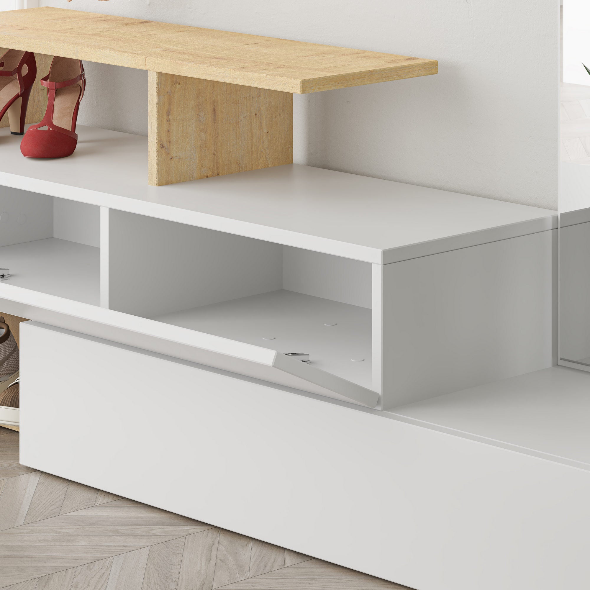 Elegante aparador de hall com espelho e cabideiro, branco e carvalho, 137 x 54,5 x 35 cm | 100% revestido em melamina, dobradiças de fechamento suave, montagem na parede, design tradicional