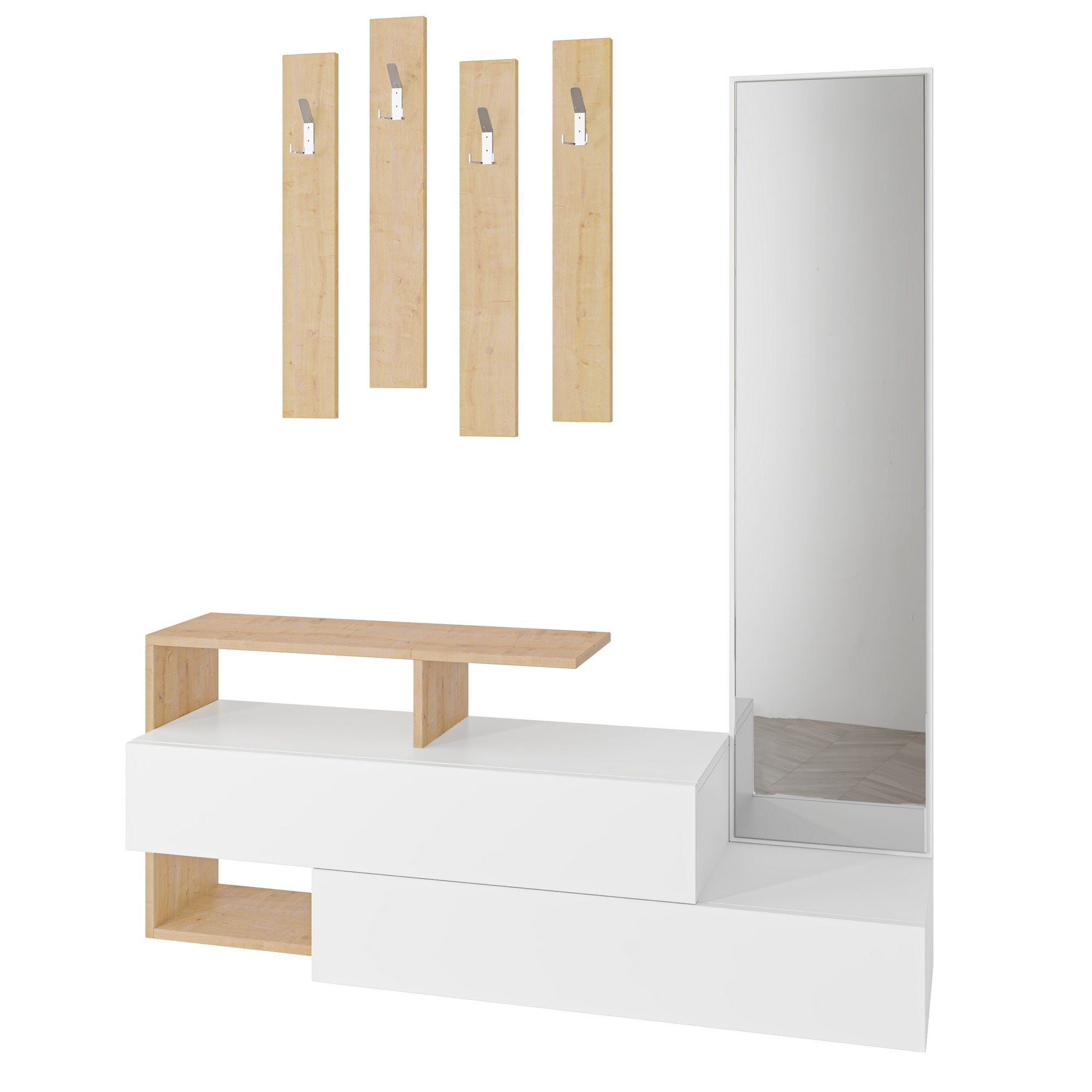 Elegante aparador de hall com espelho e cabideiro, branco e carvalho, 137 x 54,5 x 35 cm | 100% revestido em melamina, dobradiças de fechamento suave, montagem na parede, design tradicional