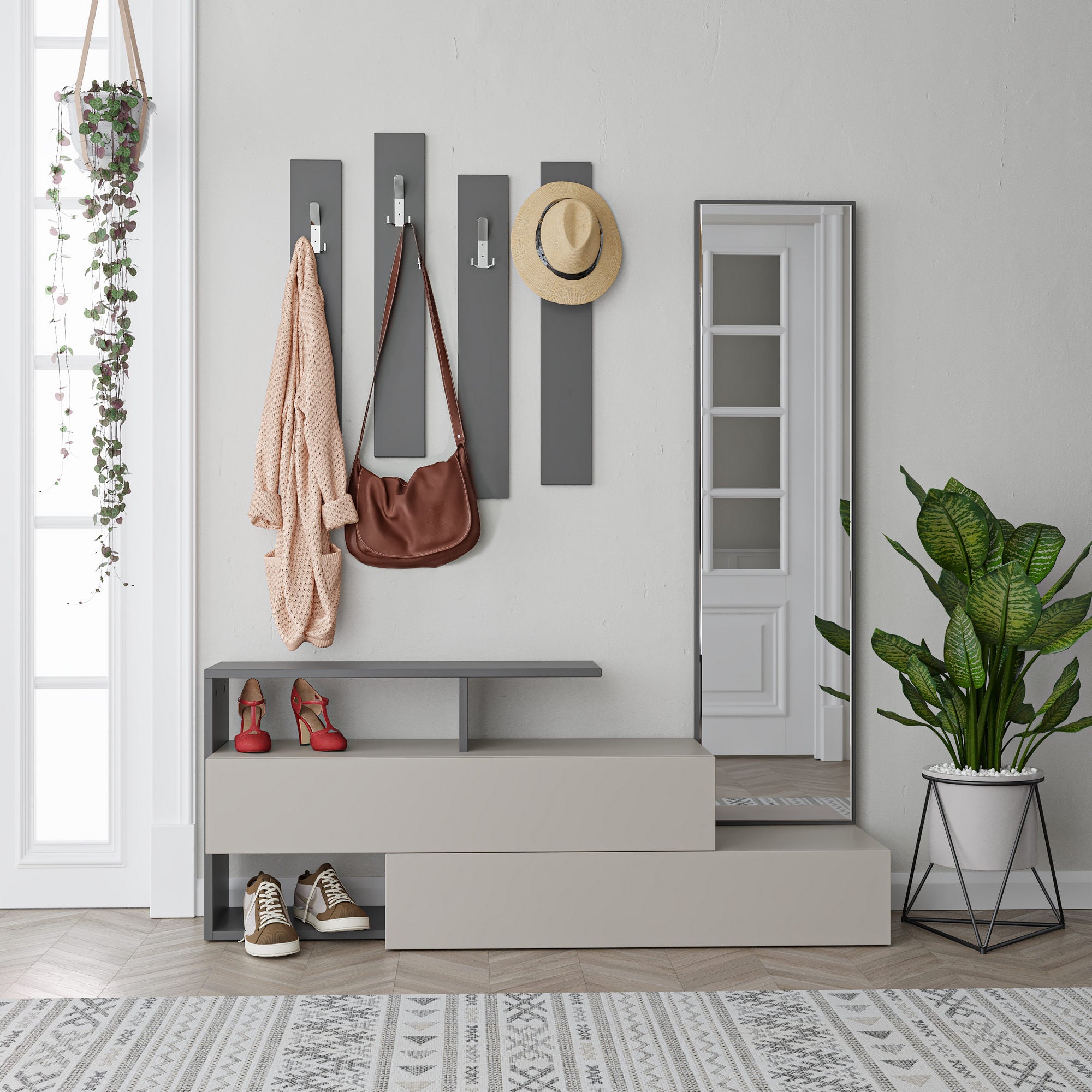 Elegante aparador de hall com espelho e cabideiro, mocha claro e antracite, 137 x 54,5 x 35 cm | 100% revestido em melamina, dobradiças de fechamento suave, montagem na parede