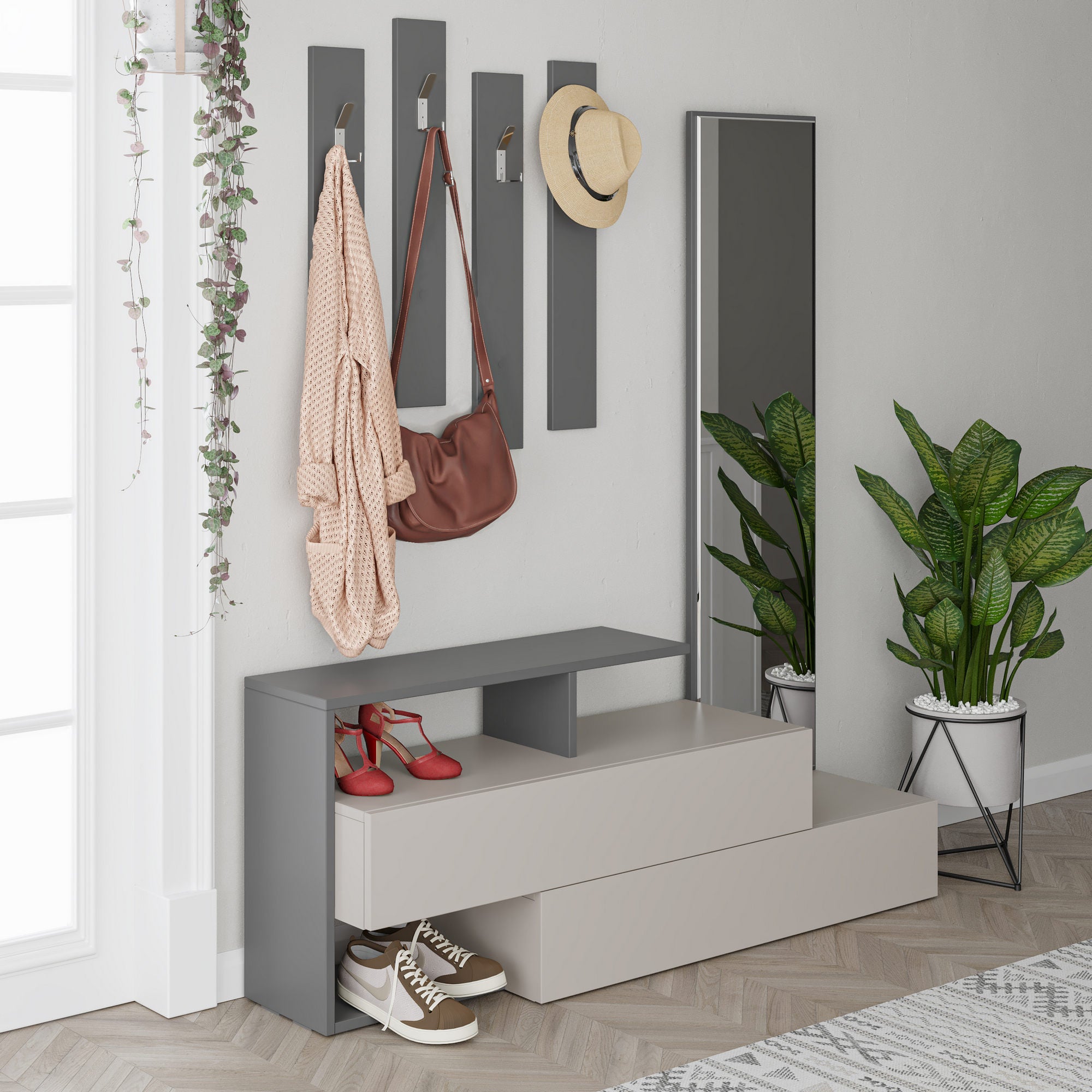 Elegante aparador de hall com espelho e cabideiro, mocha claro e antracite, 137 x 54,5 x 35 cm | 100% revestido em melamina, dobradiças de fechamento suave, montagem na parede