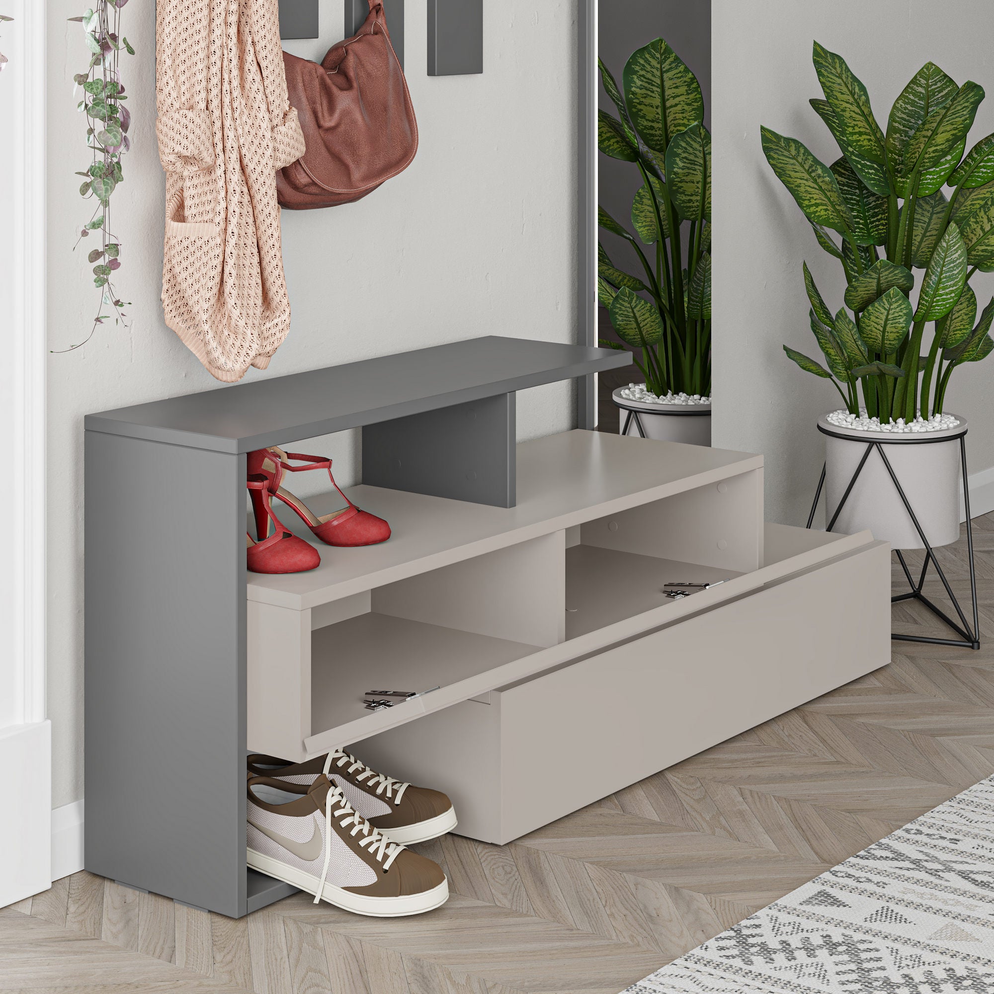 Elegante aparador de hall com espelho e cabideiro, mocha claro e antracite, 137 x 54,5 x 35 cm | 100% revestido em melamina, dobradiças de fechamento suave, montagem na parede