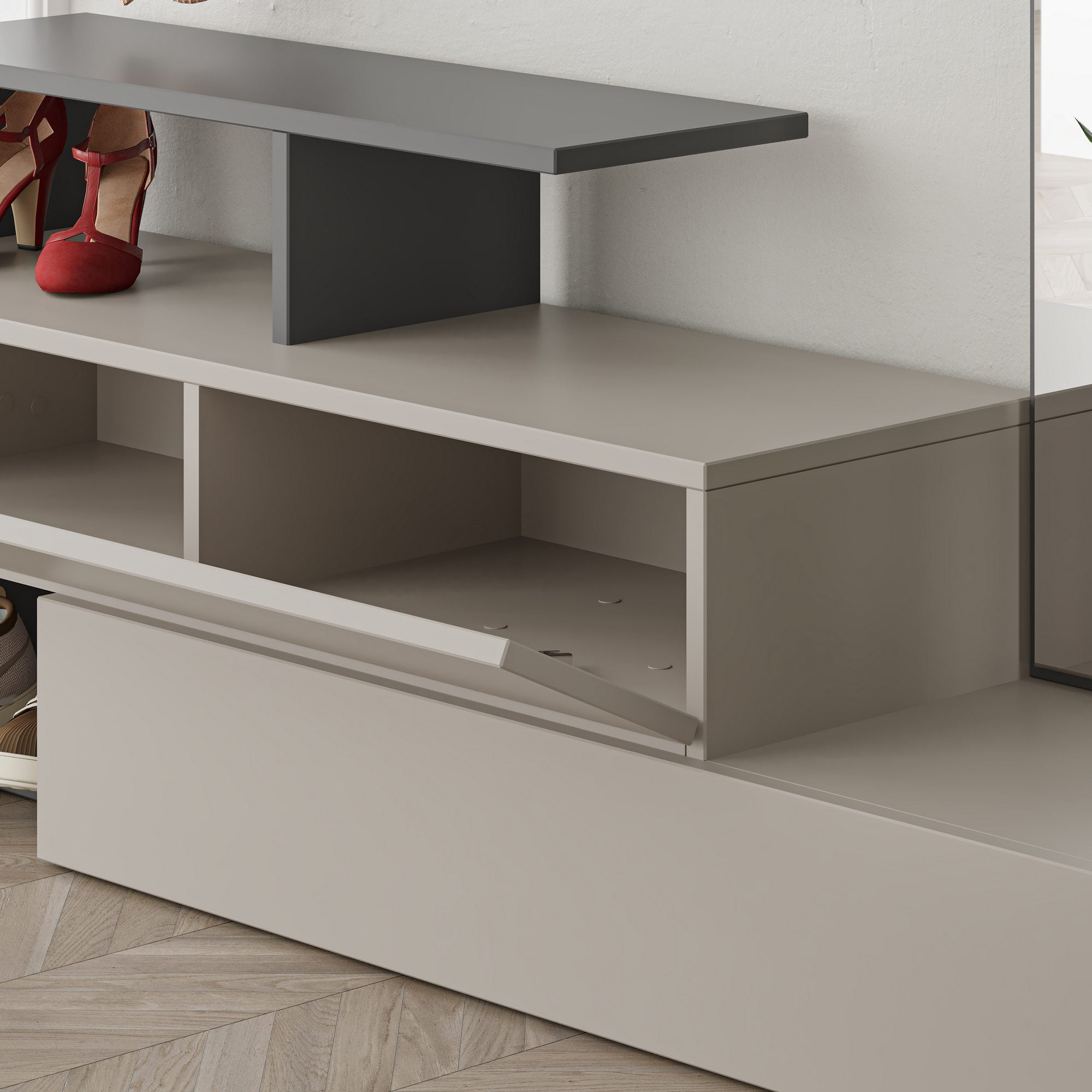 Elegante aparador de hall com espelho e cabideiro, mocha claro e antracite, 137 x 54,5 x 35 cm | 100% revestido em melamina, dobradiças de fechamento suave, montagem na parede