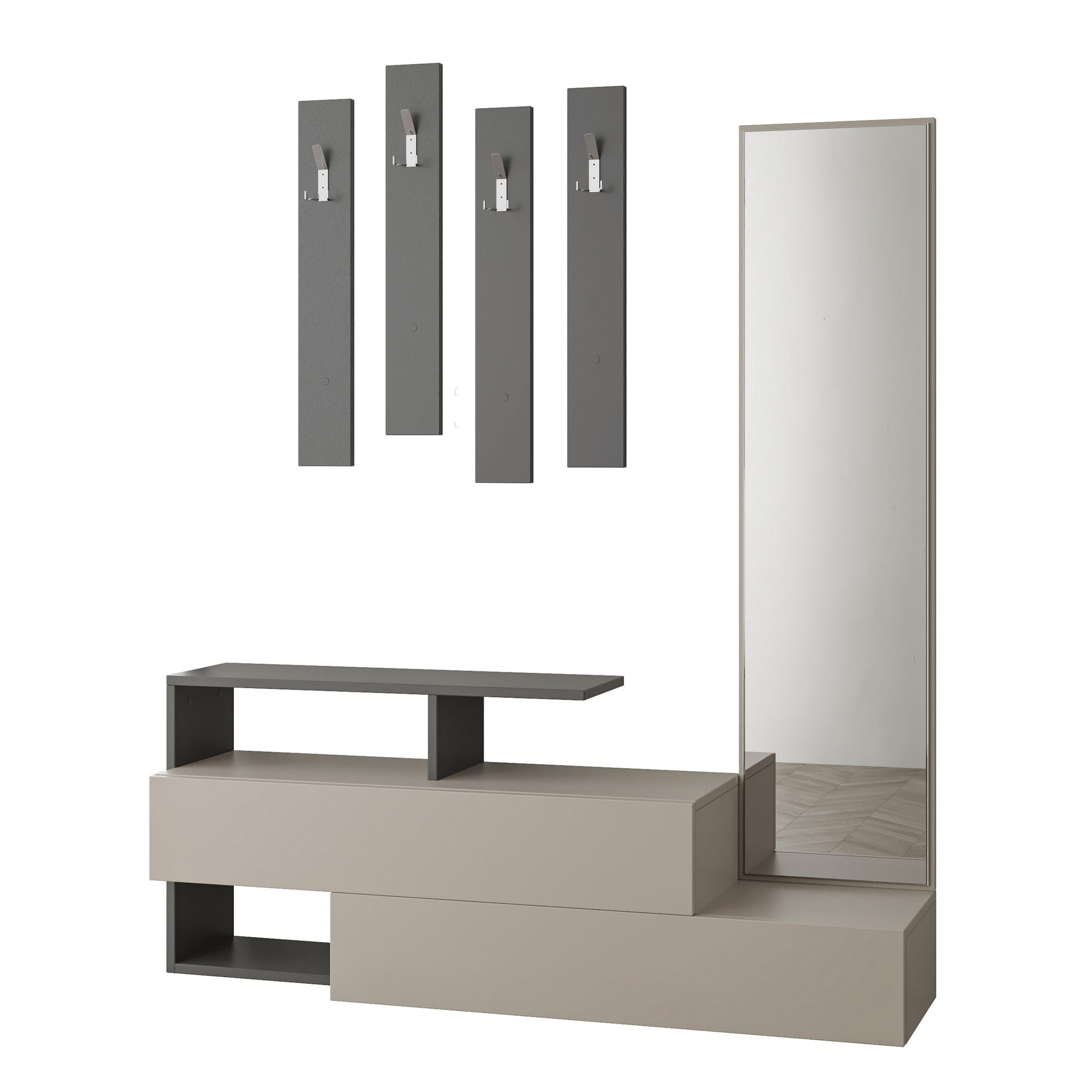 Elegante aparador de hall com espelho e cabideiro, mocha claro e antracite, 137 x 54,5 x 35 cm | 100% revestido em melamina, dobradiças de fechamento suave, montagem na parede