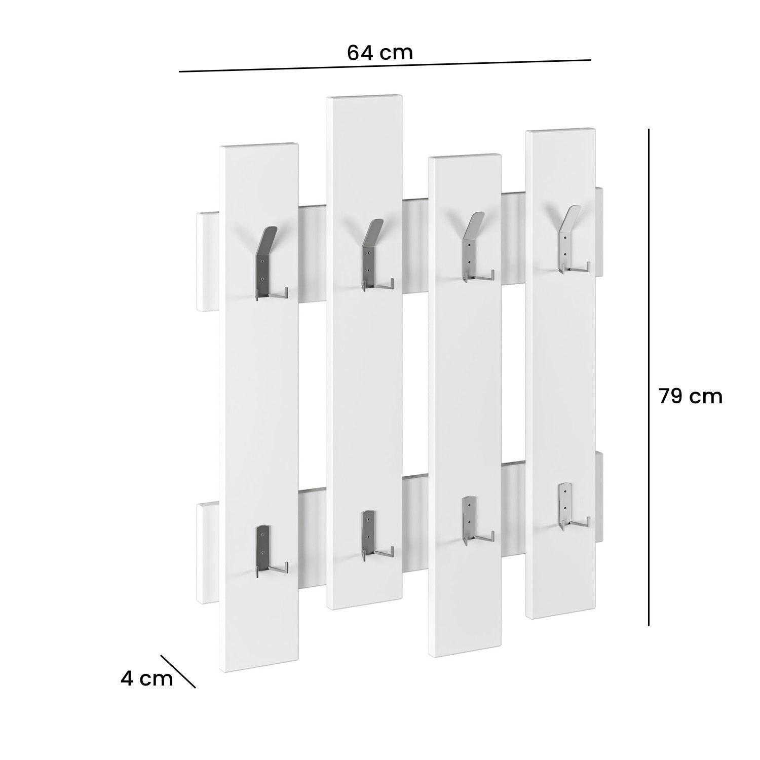 Cabideiro de parede elegante com ganchos, branco, 64 x 79 x 4 cm | Painel de partículas 100% revestido com melamina, 18 mm de espessura | Elegante e funcional para espaços tradicionais