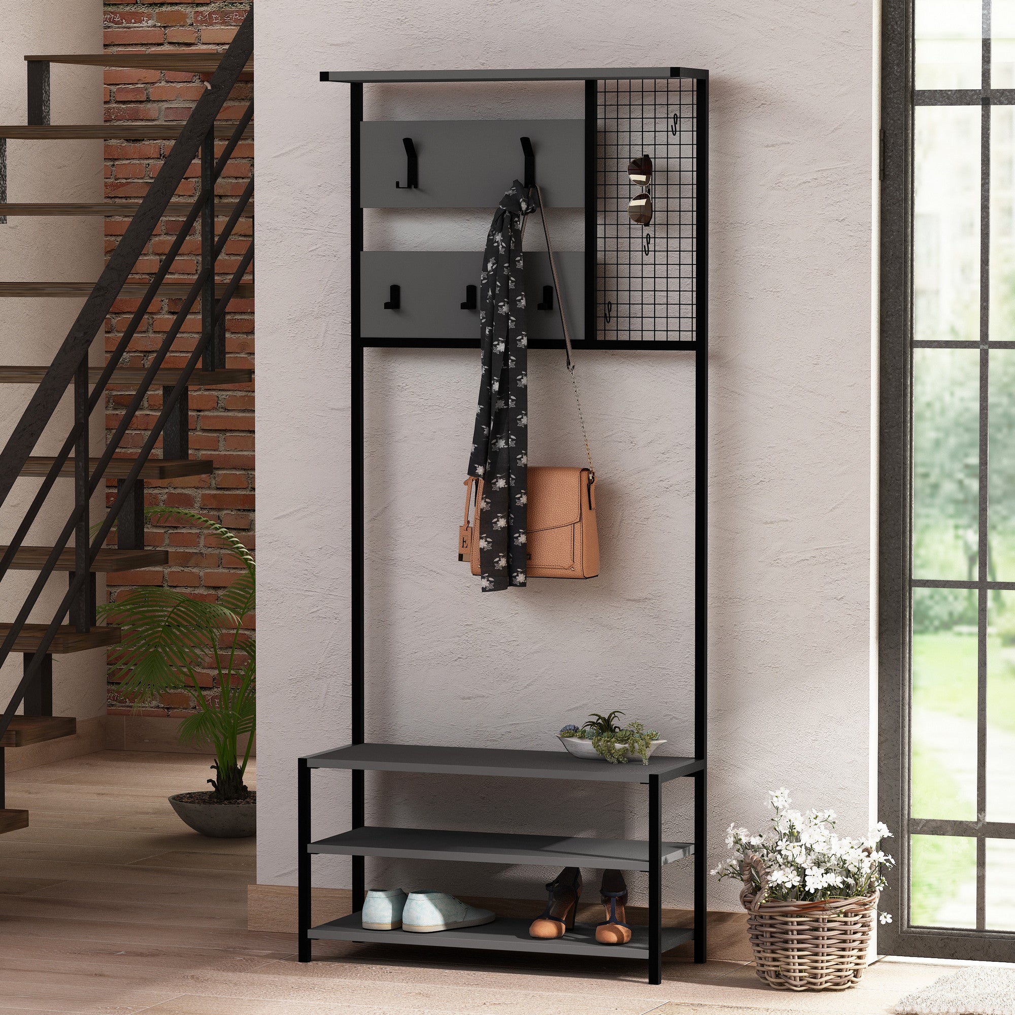 Suporte de hall moderno com 3 prateleiras e cabideiro suspenso, antracite e preto, 78 x 182 x 30 cm | Painel de partículas 100% revestido de melamina e estrutura de metal | Design elegante e funcional