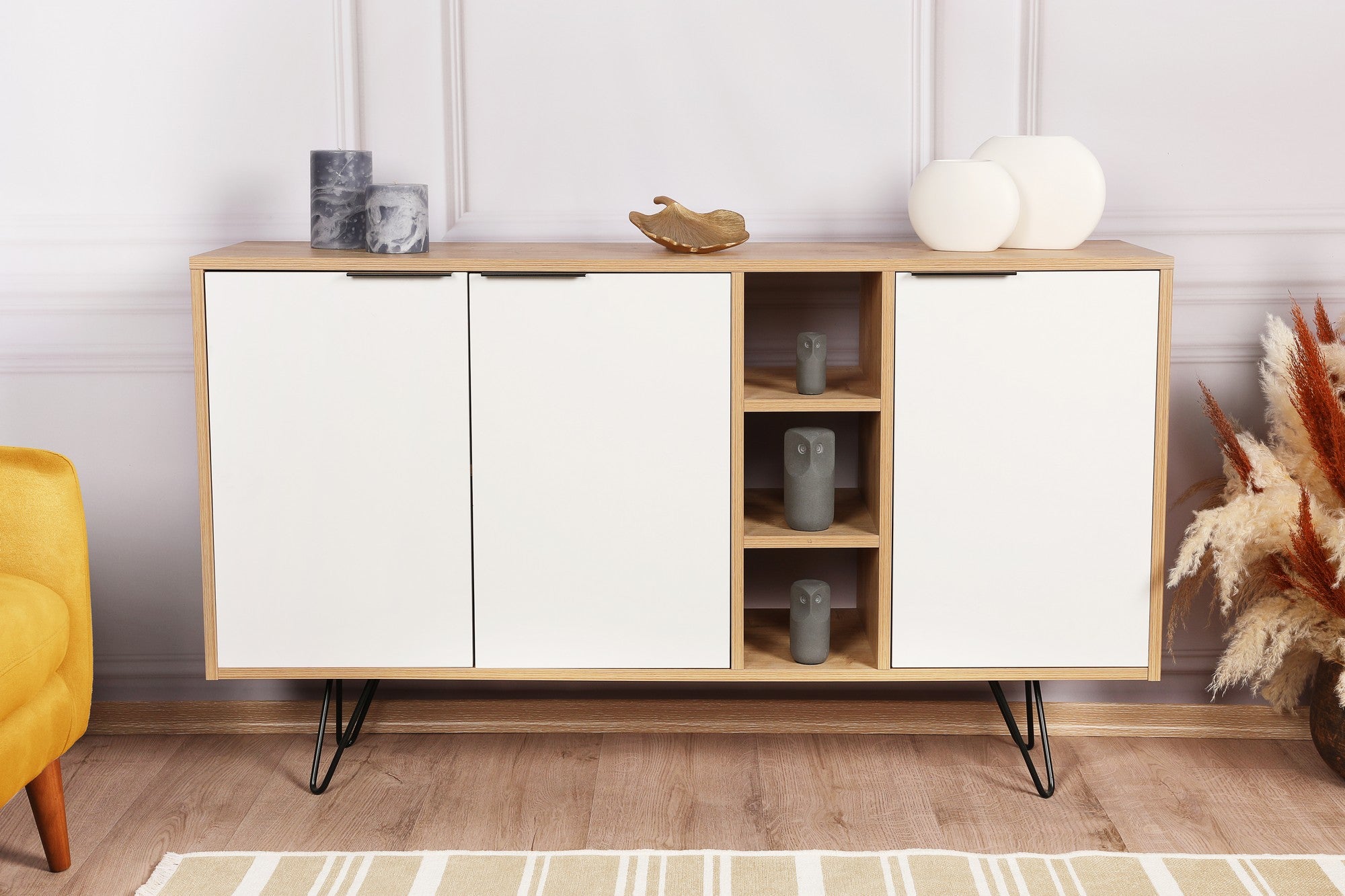 Aparador Moderno – 142 cm – Carvalho e Branco – Melamina