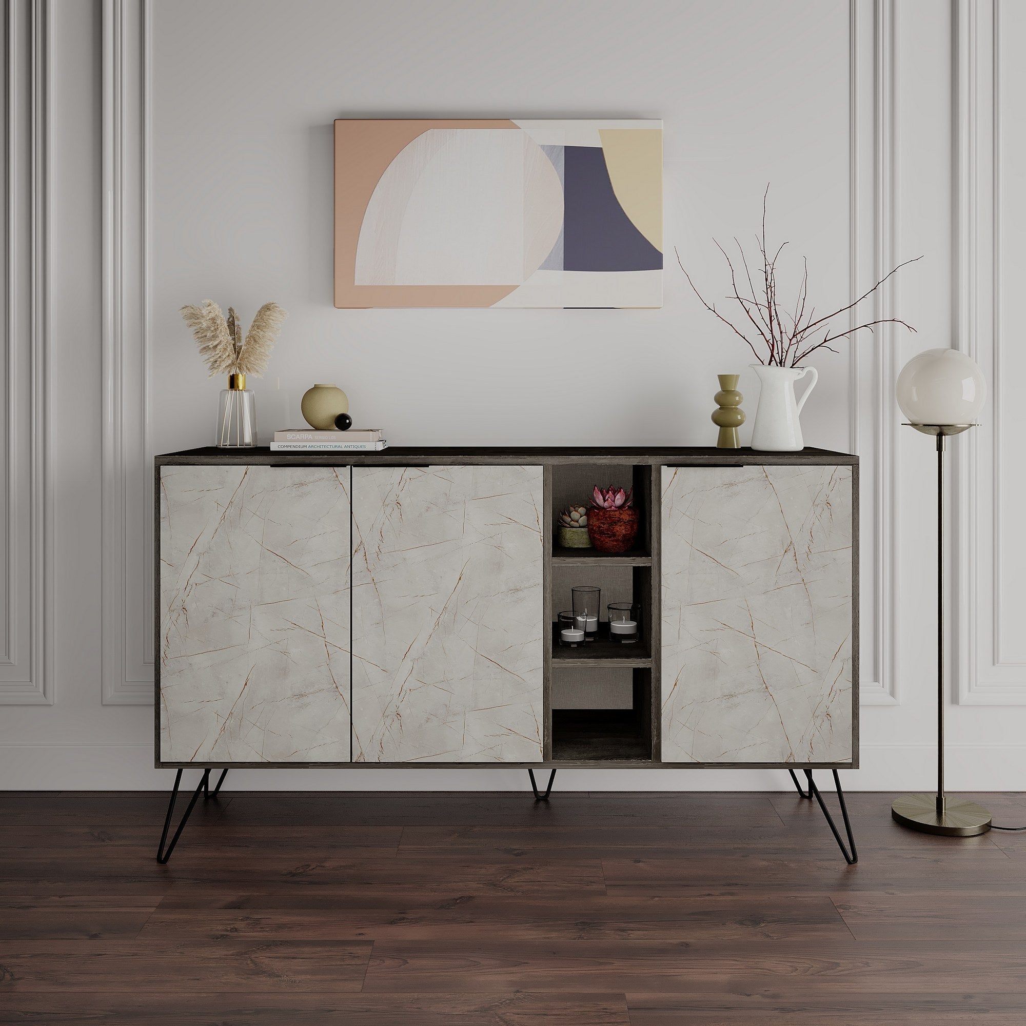 Aparador Moderno – 142 x 83 x 35,6 cm – Castanho Escuro e Lagina – 100% Melamina