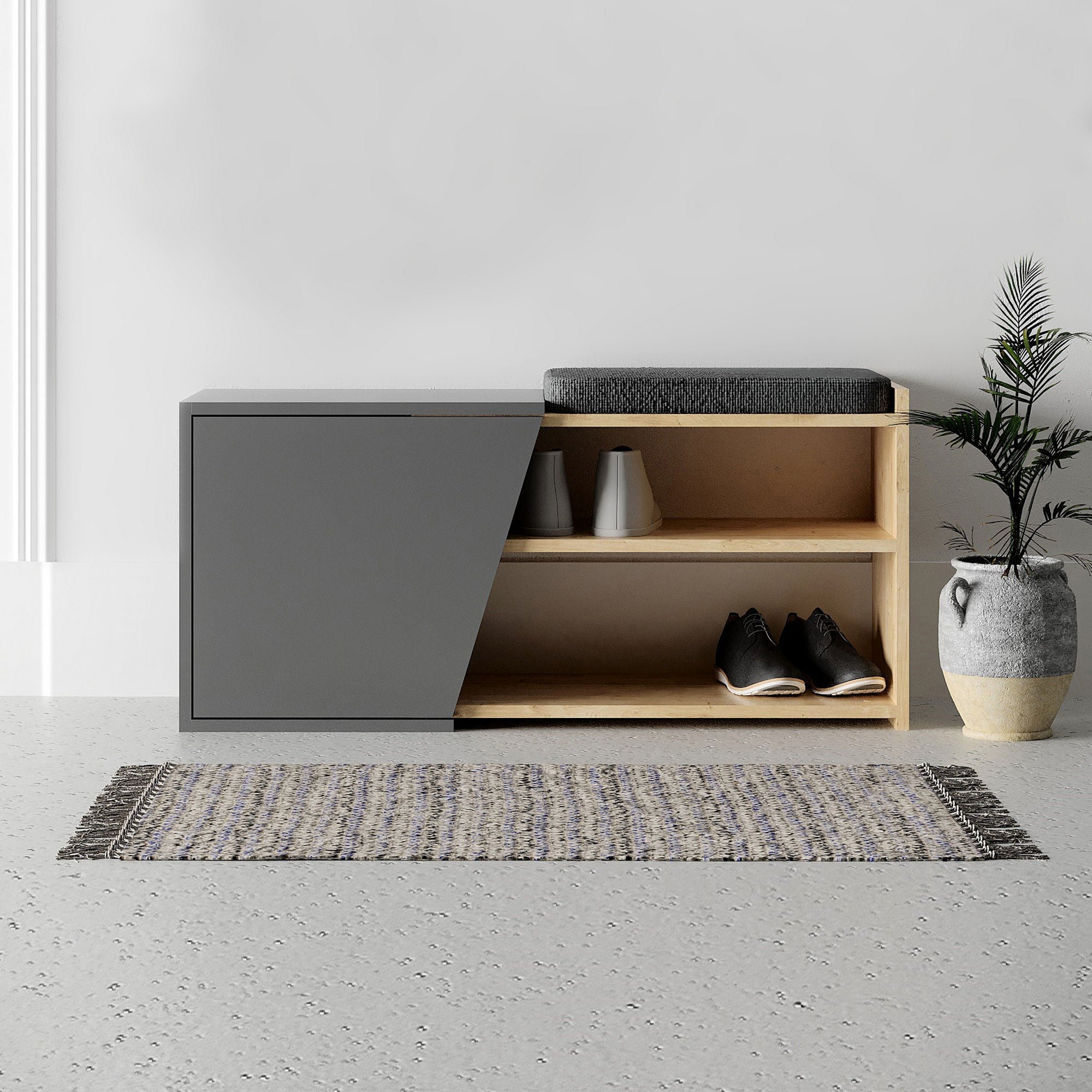 Sapateira estilosa, carvalho e antracite, 104 x 47 x 37 cm | 100% revestida em melamina, 18 mm de espessura, montagem na parede, dobradiças de fechamento suave | Design boêmio