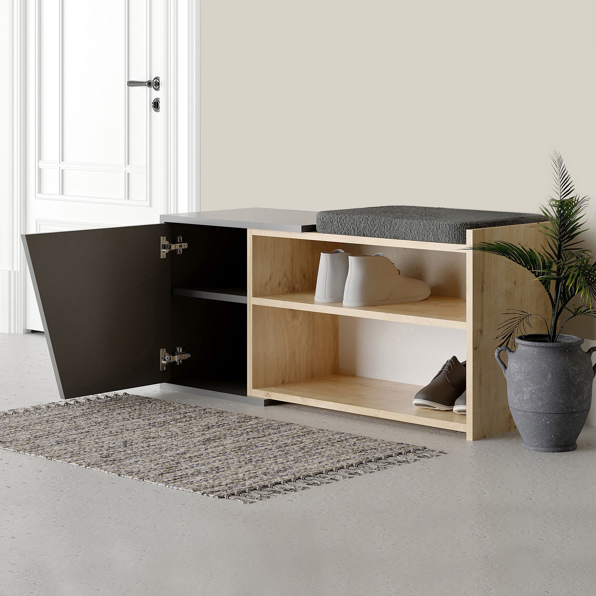 Sapateira estilosa, carvalho e antracite, 104 x 47 x 37 cm | 100% revestida em melamina, 18 mm de espessura, montagem na parede, dobradiças de fechamento suave | Design boêmio