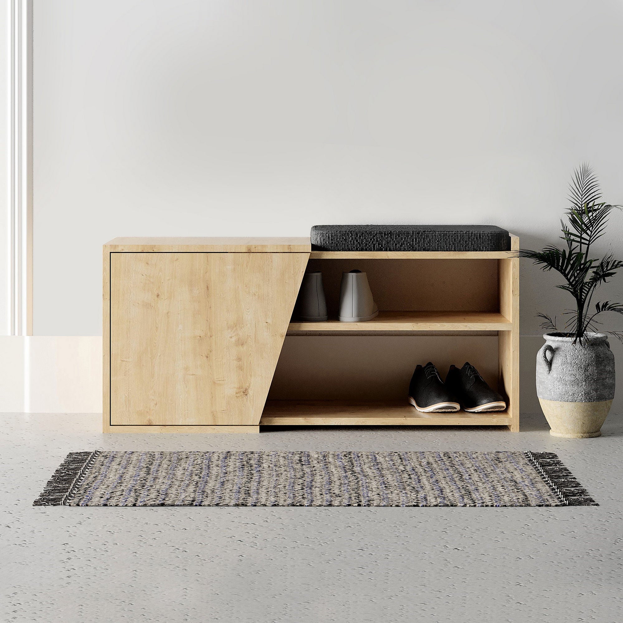 Elegante sapateira de carvalho, 104 cm de largura, 37 cm de altura, 47 cm de profundidade | 100% revestida em melamina, dobradiças de fechamento suave, montável na parede | Design boêmio com várias prateleiras