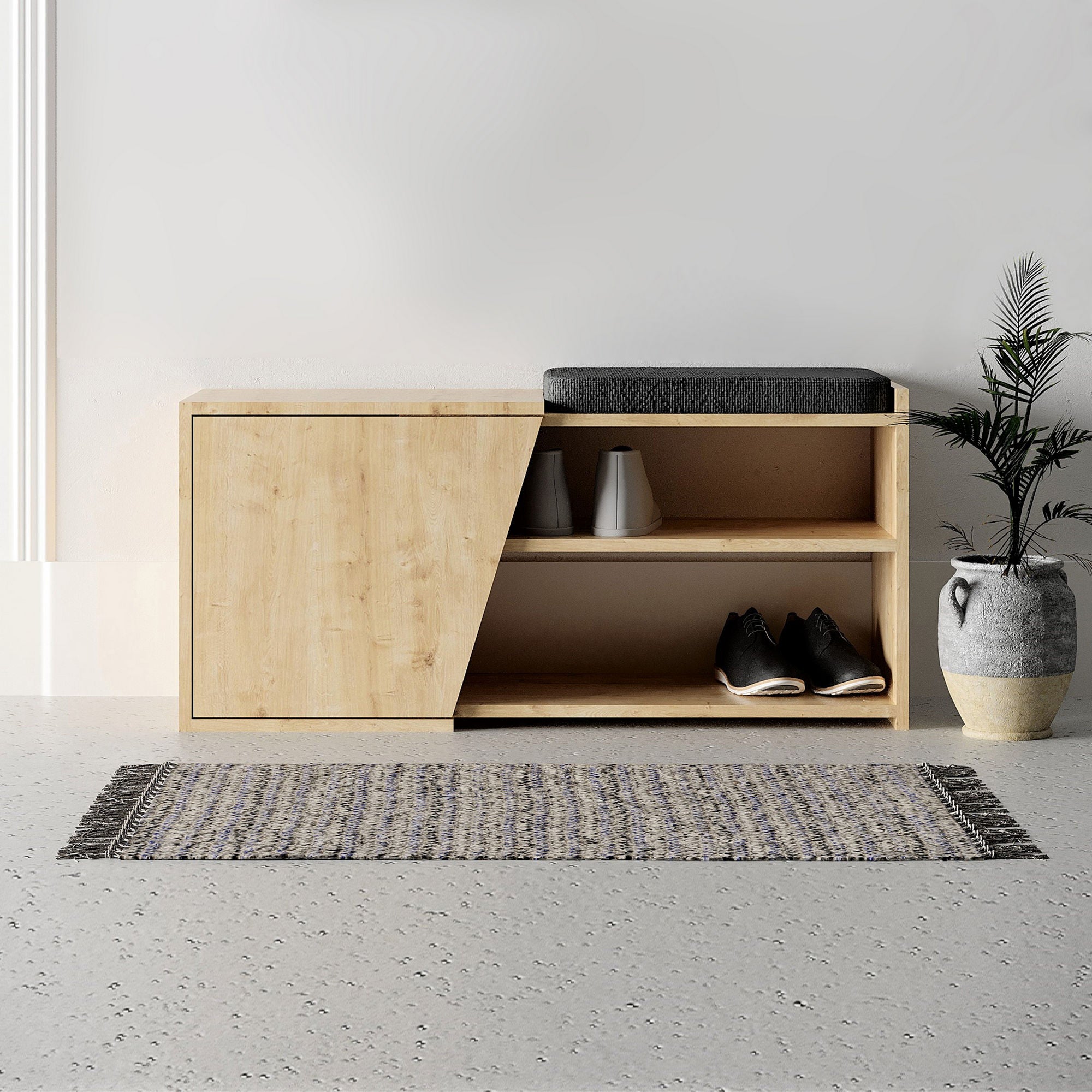 Elegante sapateira de carvalho, 104 cm de largura, 37 cm de altura, 47 cm de profundidade | 100% revestida em melamina, dobradiças de fechamento suave, montável na parede | Design boêmio com várias prateleiras