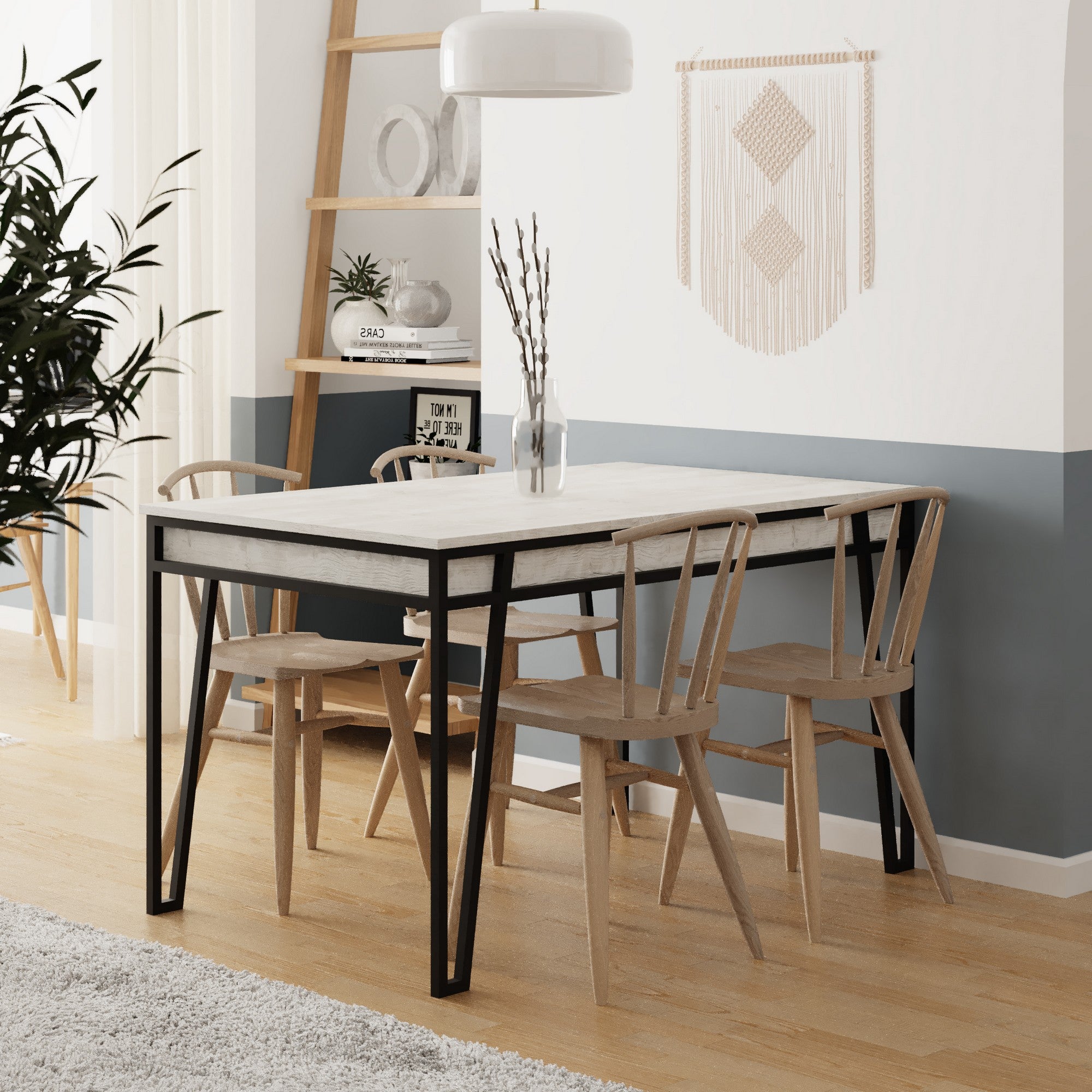 Mesa de Jantar Extensível, Branca, 132-170 cm | Painel de Partículas 100% Revestido em Melamina, 18 mm de Espessura, Pernas de Metal | Estilo Boêmio e Campestre, Perfeita para Salas de Jantar