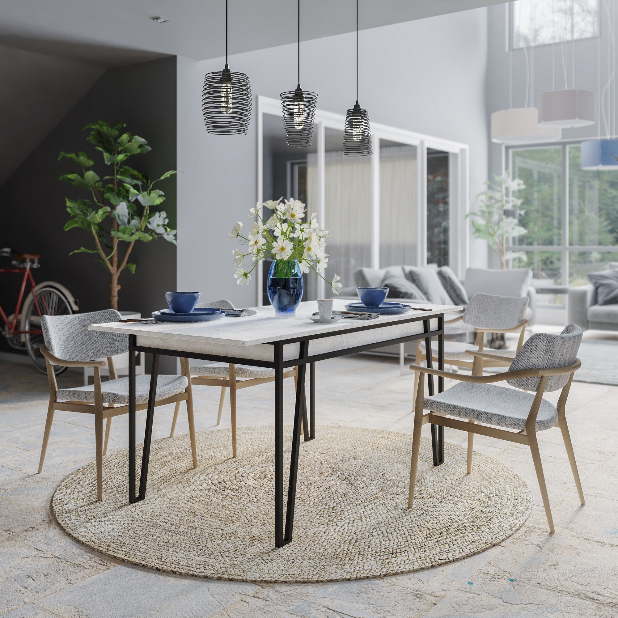 Mesa de Jantar Extensível, Branca, 132-170 cm | Painel de Partículas 100% Revestido em Melamina, 18 mm de Espessura, Pernas de Metal | Estilo Boêmio e Campestre, Perfeita para Salas de Jantar