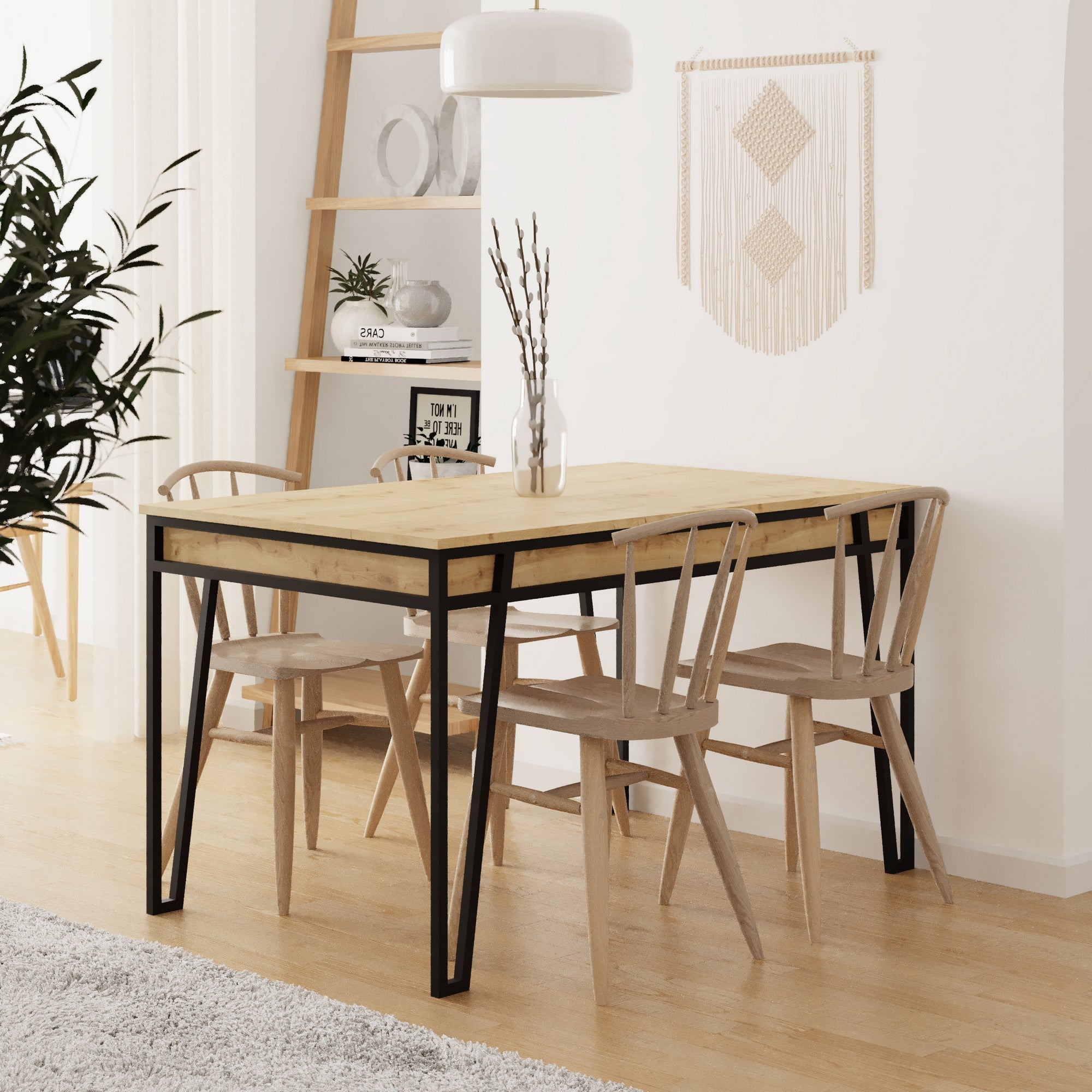 Mesa de Jantar Extensível, Cor Carvalho, 132-170 cm | Painel de Partículas 100% Revestido em Melamina, 18 mm de Espessura, Pés de Metal | Estilo Boêmio e Industrial, Perfeita para Salas de Jantar
