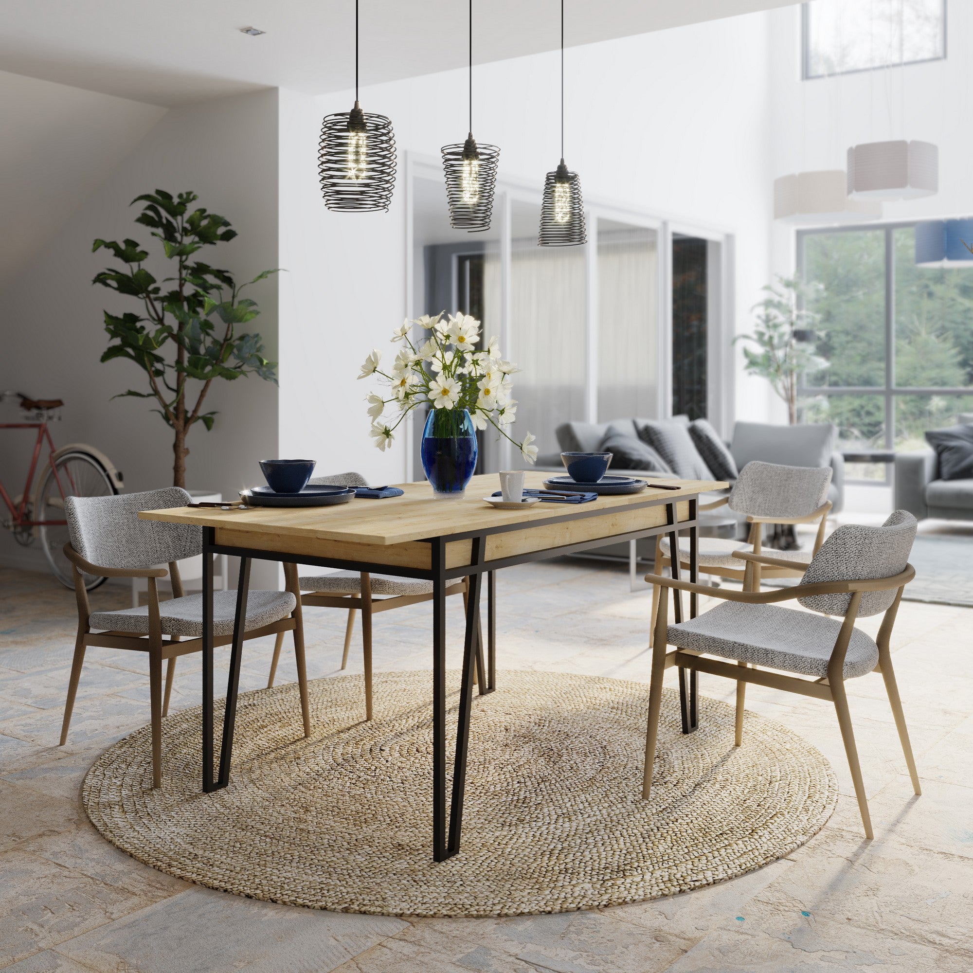 Mesa de Jantar Extensível, Cor Carvalho, 132-170 cm | Painel de Partículas 100% Revestido em Melamina, 18 mm de Espessura, Pés de Metal | Estilo Boêmio e Industrial, Perfeita para Salas de Jantar
