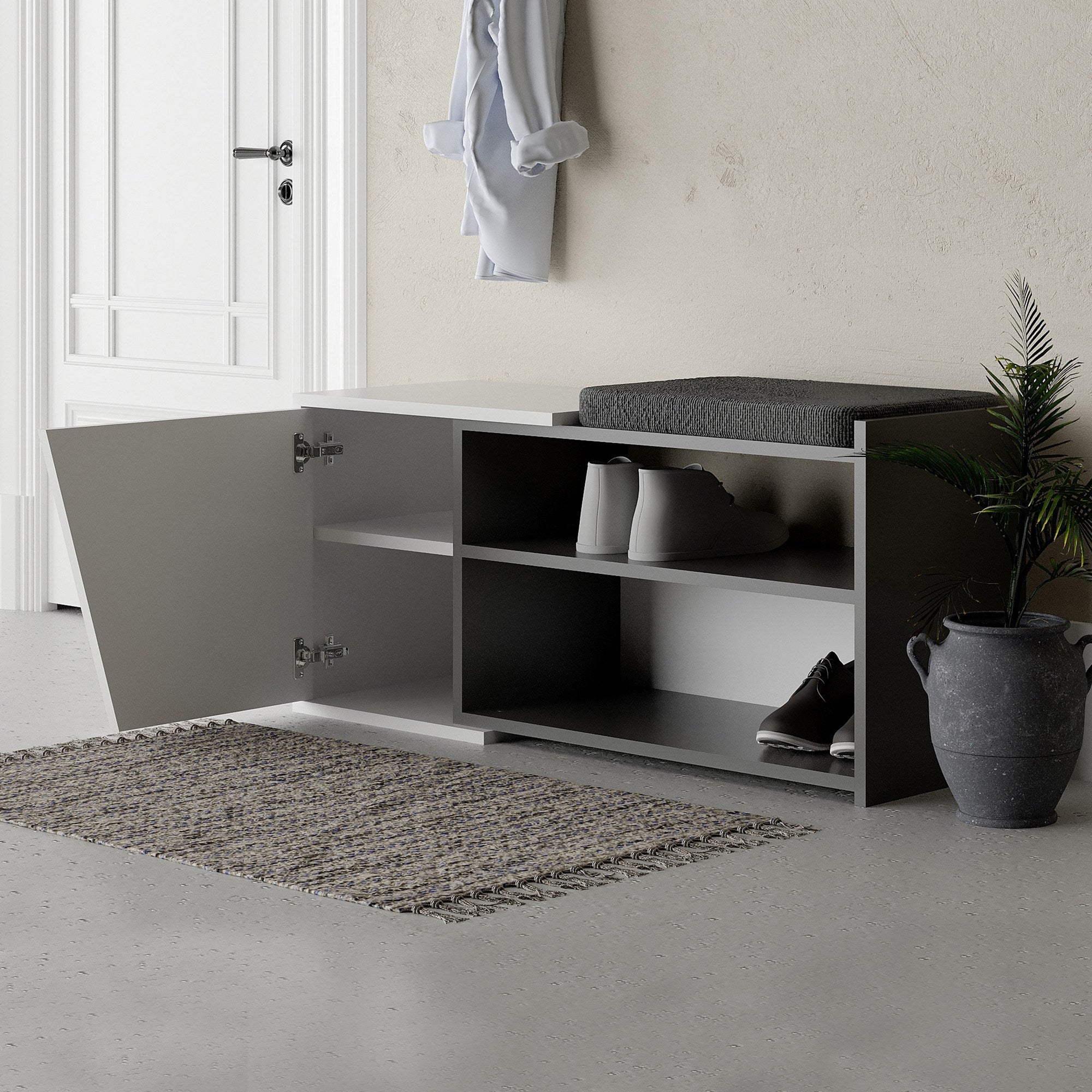 Sapateira estilosa, antracite e branca, 104,6 x 47,2 x 37,5 cm | 100% revestida em melamina, dobradiças de fechamento suave, fácil de limpar | Pés de madeira duráveis, capacidade para 35 kg
