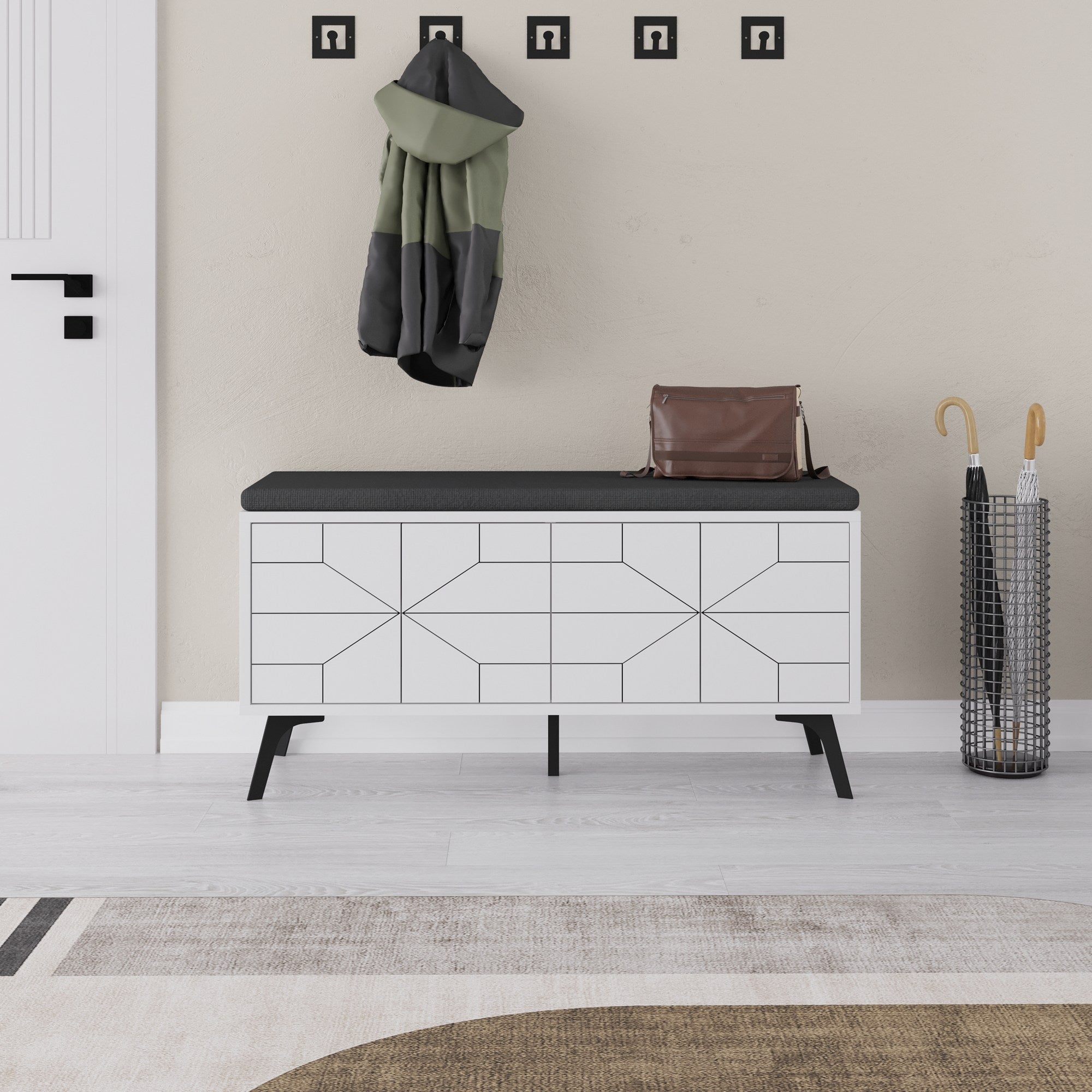 Sapateira branca estilosa, 107 cm | Painel de partículas 100% revestido em melamina, 18 mm de espessura, pés de metal, dobradiças com fechamento suave | Solução de armazenamento durável e elegante