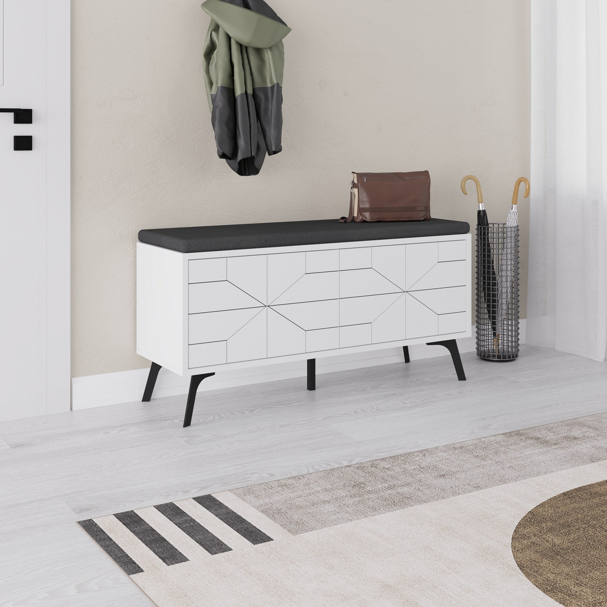 Sapateira branca estilosa, 107 cm | Painel de partículas 100% revestido em melamina, 18 mm de espessura, pés de metal, dobradiças com fechamento suave | Solução de armazenamento durável e elegante