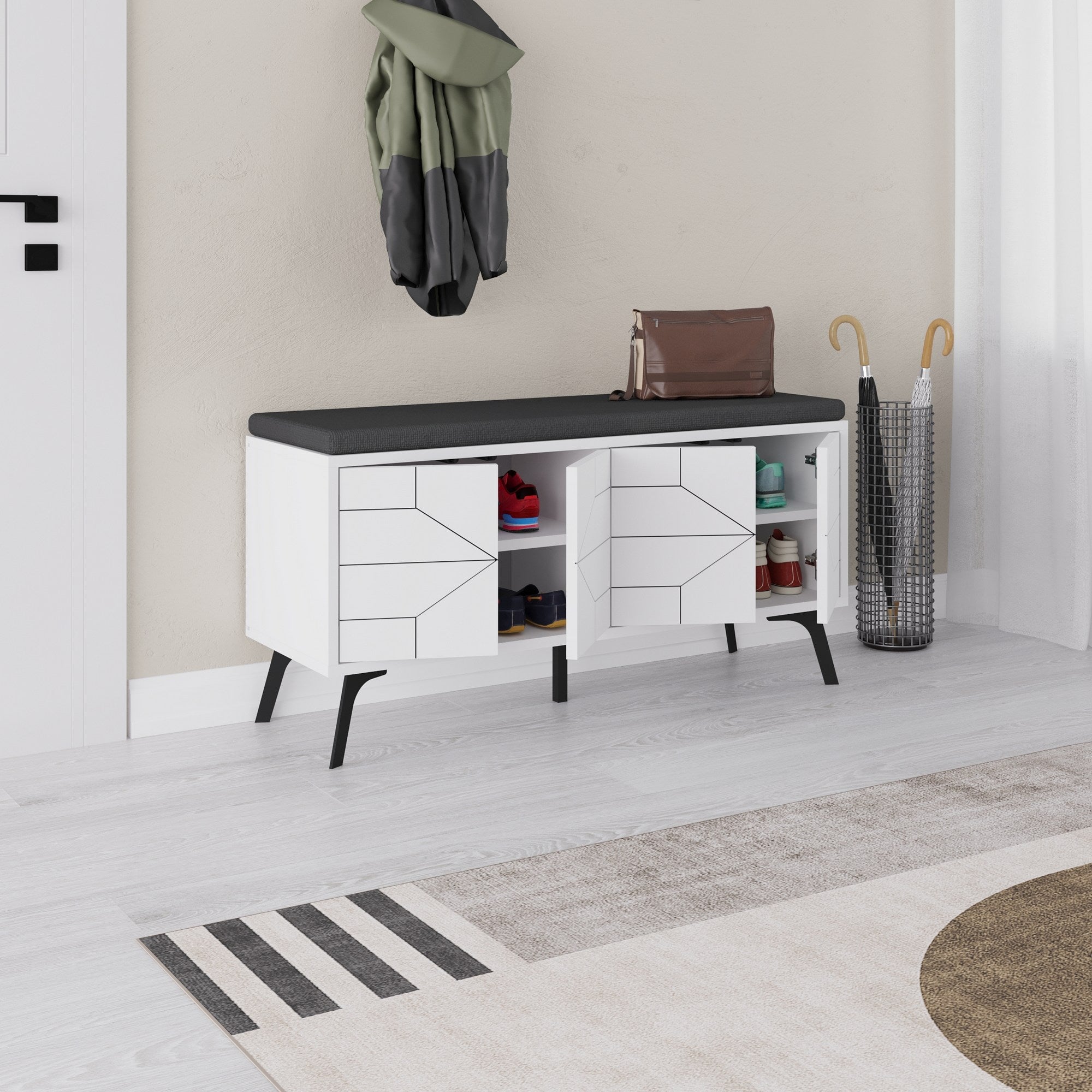 Sapateira branca estilosa, 107 cm | Painel de partículas 100% revestido em melamina, 18 mm de espessura, pés de metal, dobradiças com fechamento suave | Solução de armazenamento durável e elegante