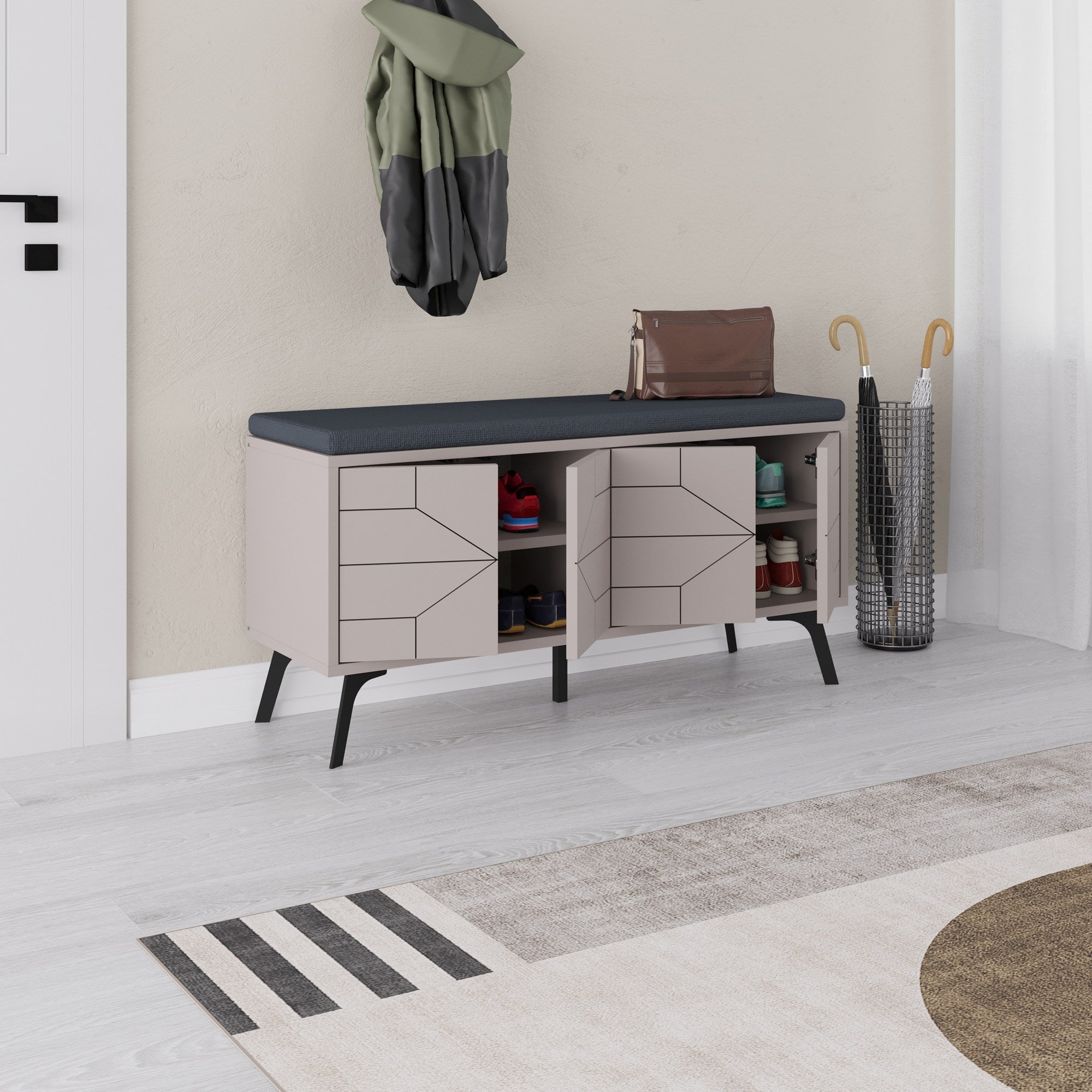 Sapateira Mocha Claro, 107 x 55 x 35 cm | Painel de partículas 100% revestido em melamina, pés de metal, dobradiças com fechamento suave | Solução de armazenamento elegante e funcional